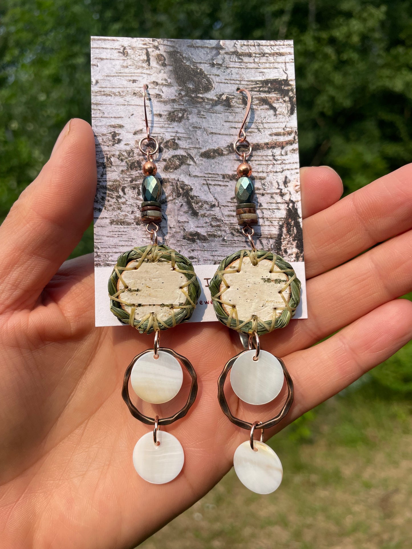 Wiigwaas and Wiingashk Birchbark and Braided Sweet Grass Earrings