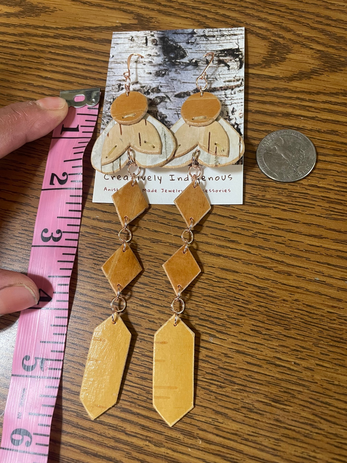 Floral Appliqué and Otter Tracks Birchbark Earring