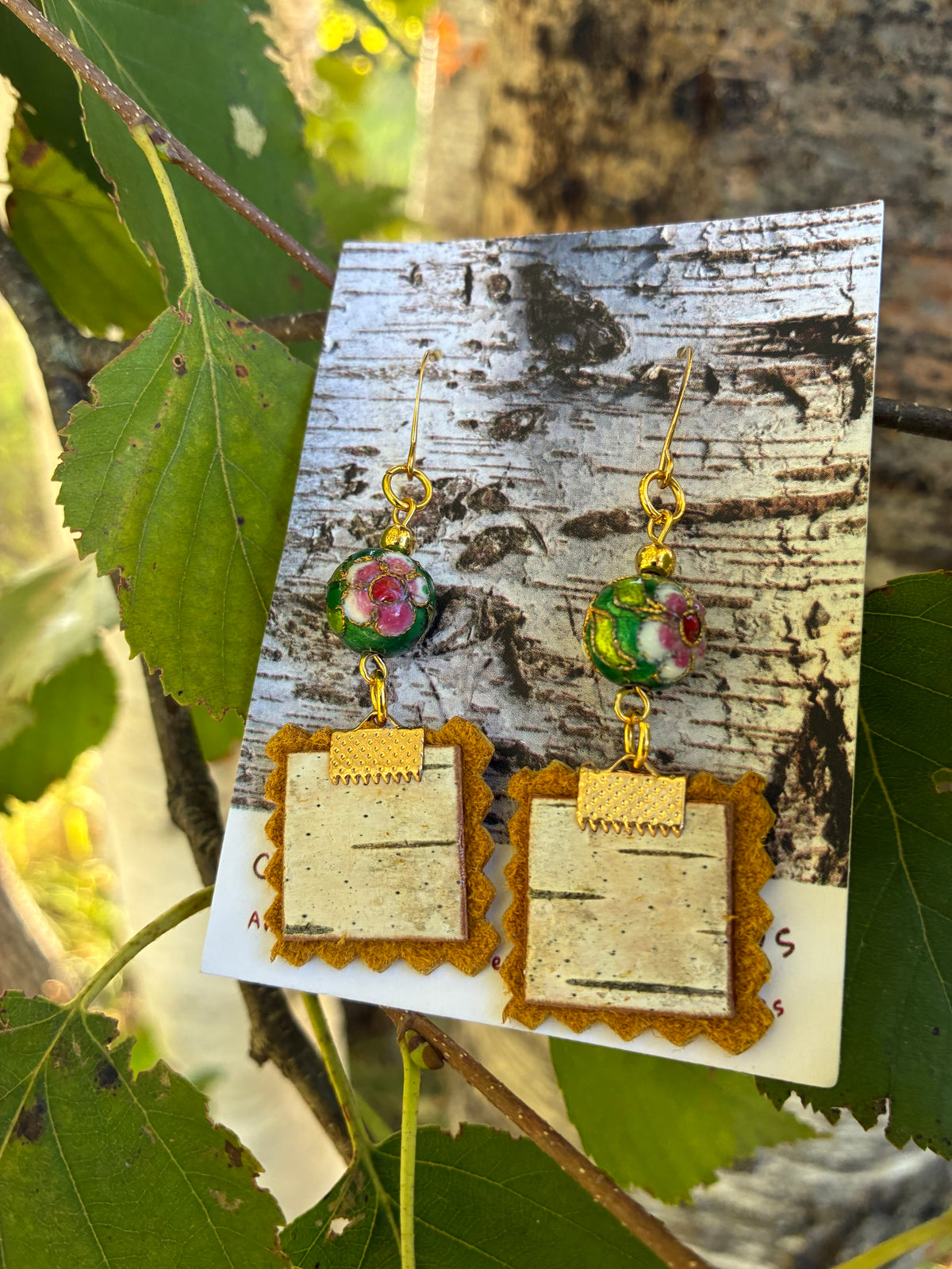 Birchbark Earrings with Buckskin and Cloisonné