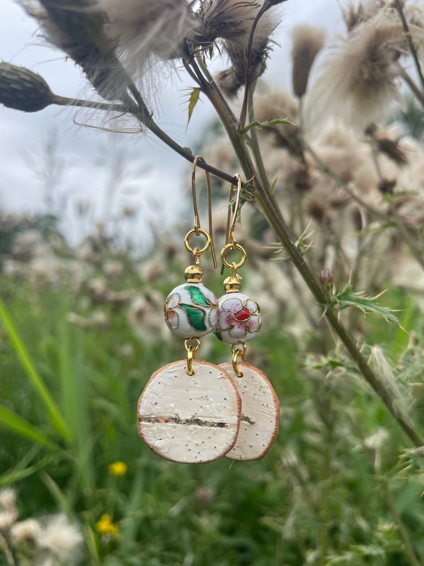 Birchbark Earrings with Cloisonné