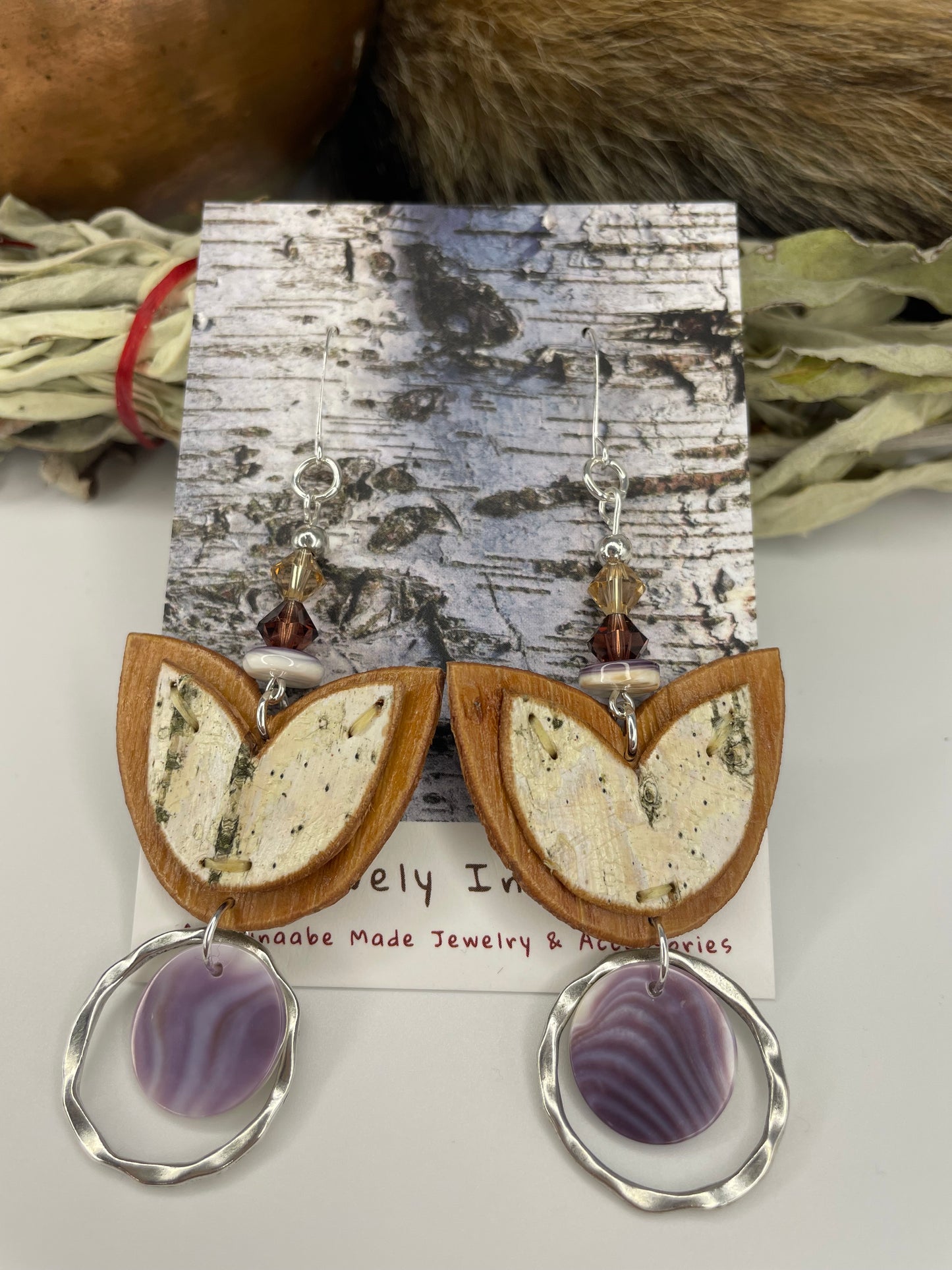 Floral Petal Applique Birchbark Earrings with Wampum