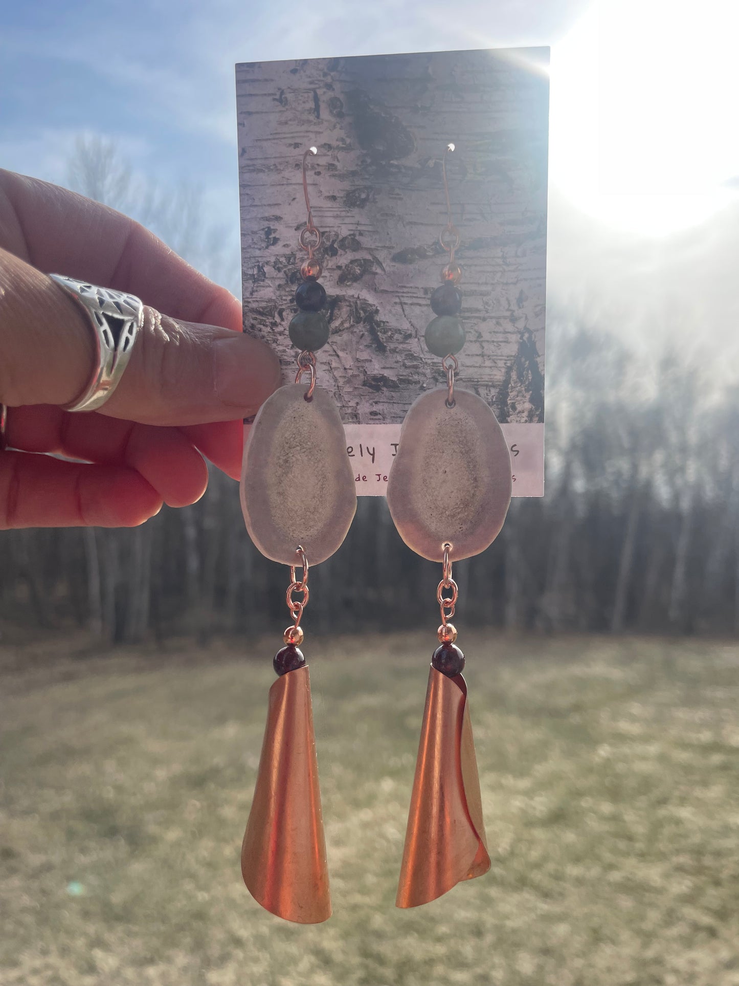 Waawaashkeshi Deer Antler Earrings with Kyanite, Garnet, and Copper Jingles
