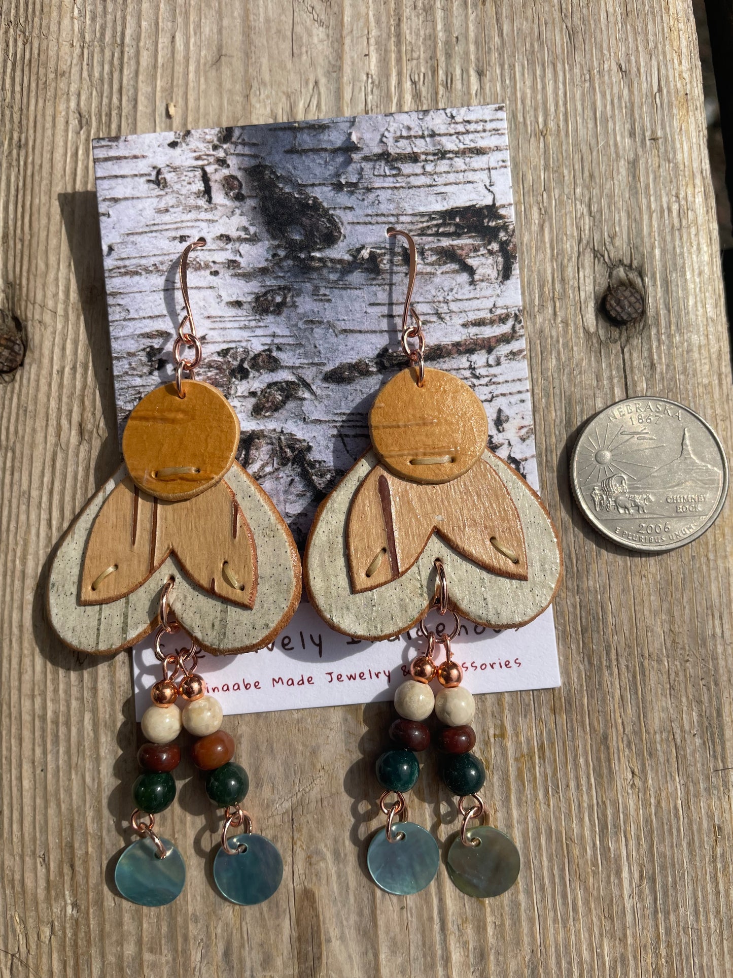 Mino-de'e “Good Hearted”Birchbark Earrings with Blood Stone