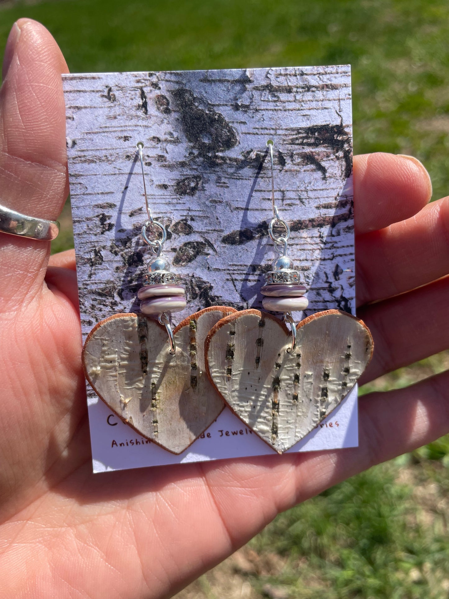 Birchbark Heart Earrings with Wampum