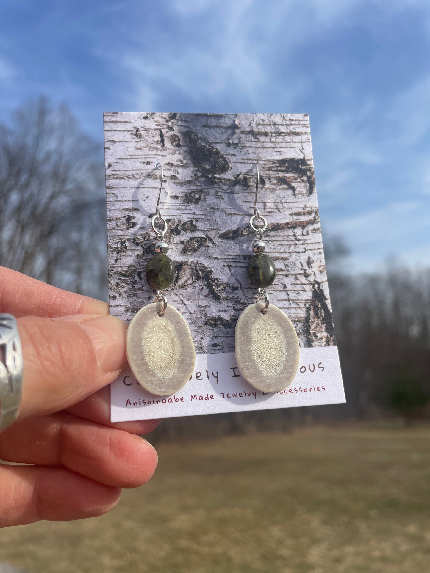 Waawaashkeshi Deer Antler Earrings with Green Garnet