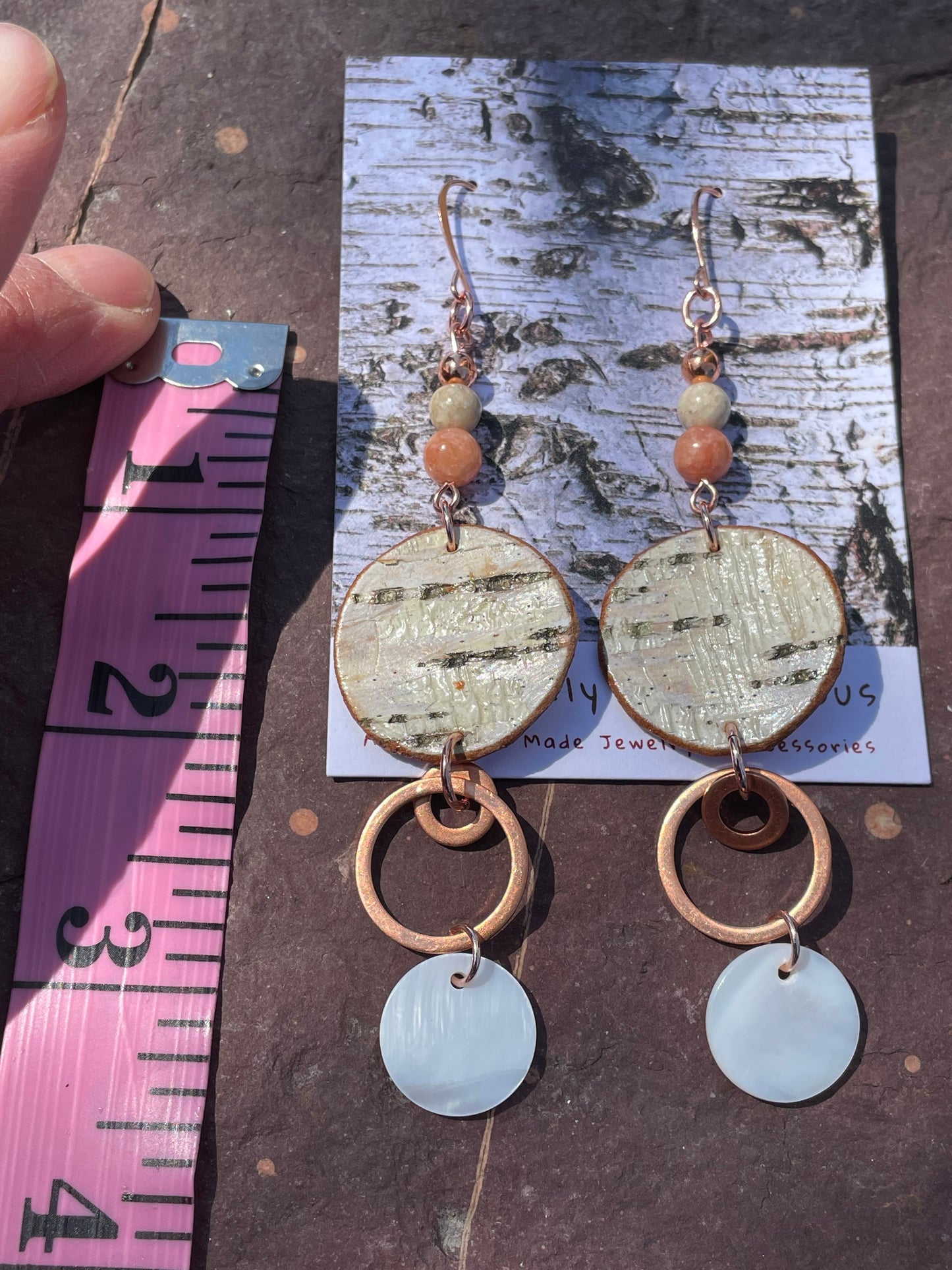 Birchbark Earrings with Orange Calcite and Copper
