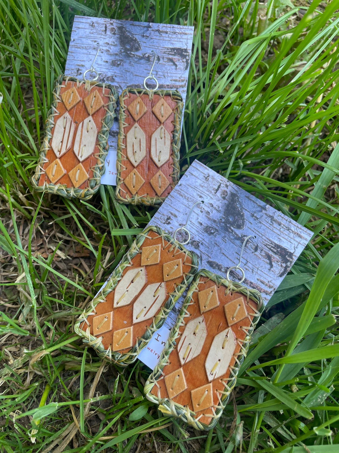 Otter Tracks Birchbark and Braided Sweet Grass Earrings