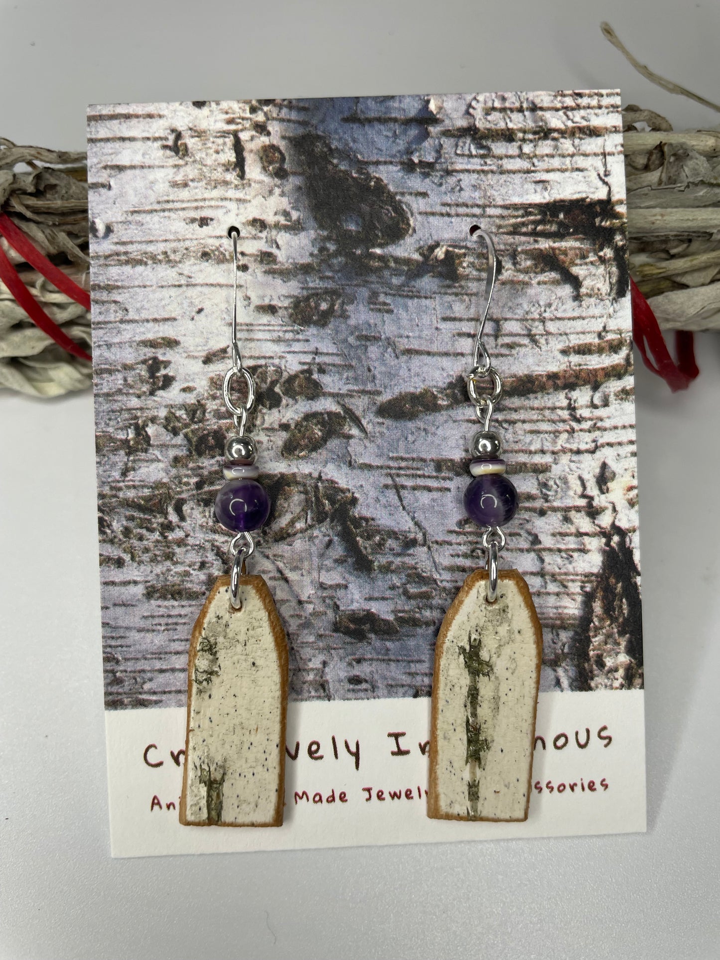 Birchbark, Wampum, and Amethyst Earrings