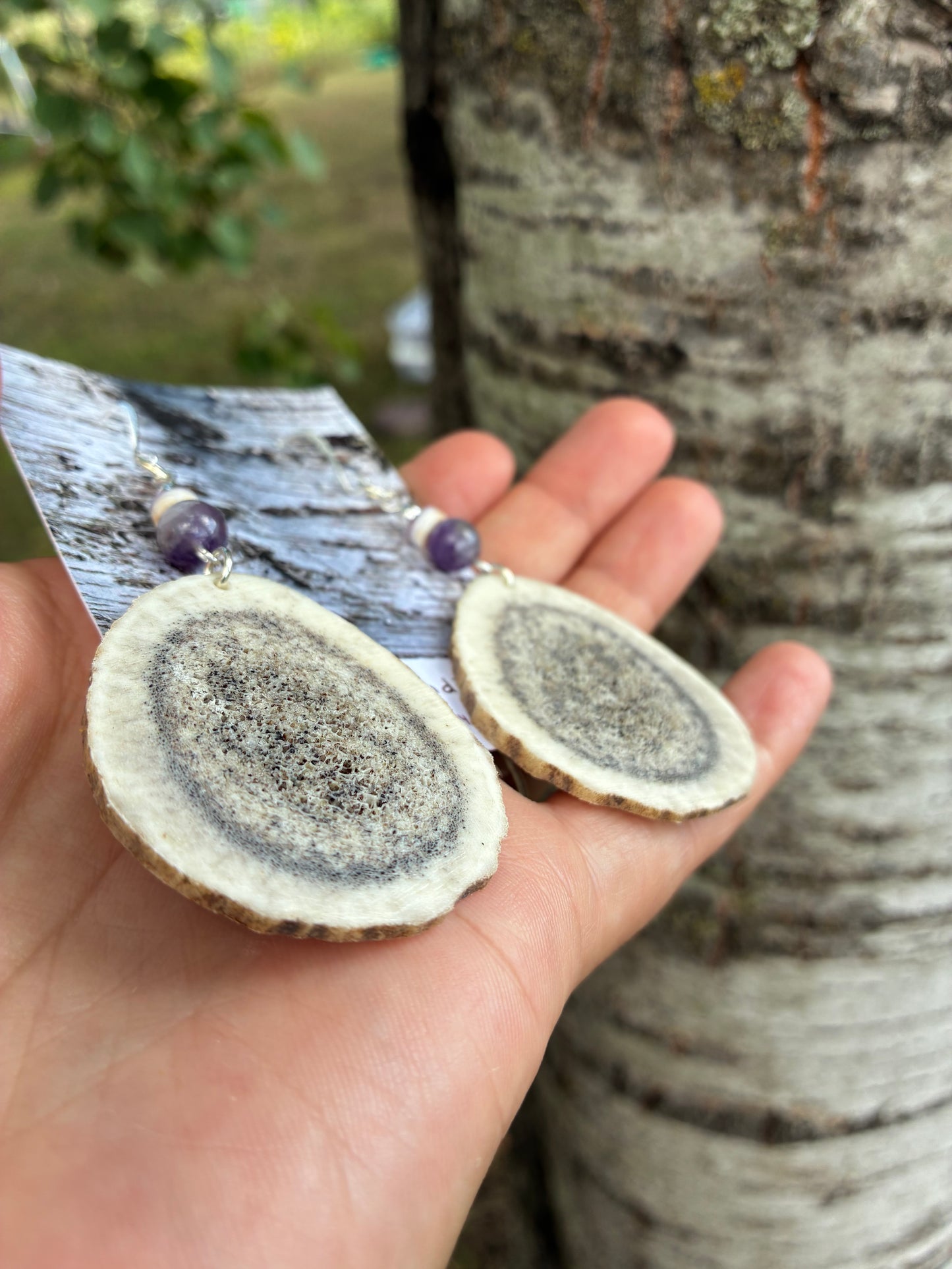 Omashkooz Elk Antler Earrings with Wampum and Amethyst