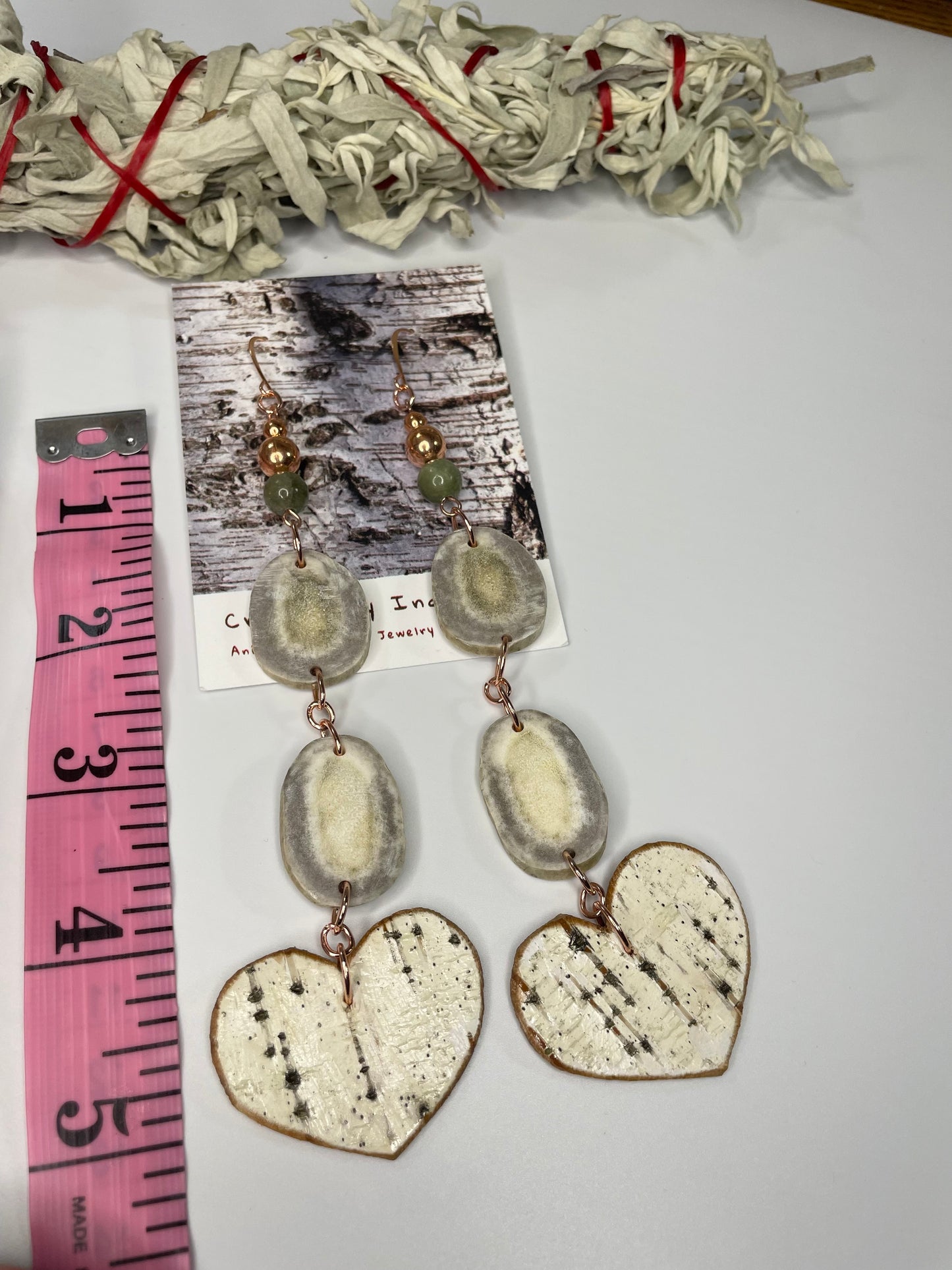 Waawaashkeshi Deer Antler Earrings with Birchbark Hearts