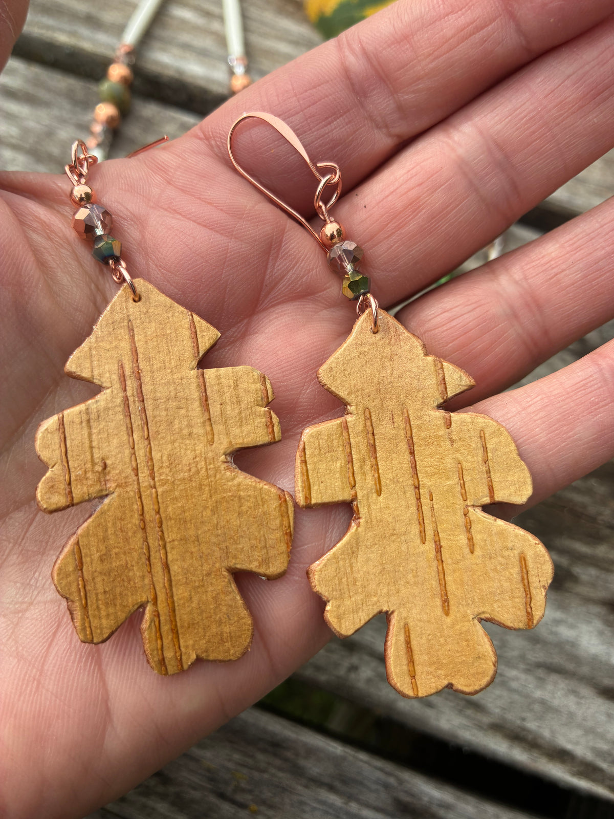 Birchbark Oak Leaf and Unakite Bone Necklace