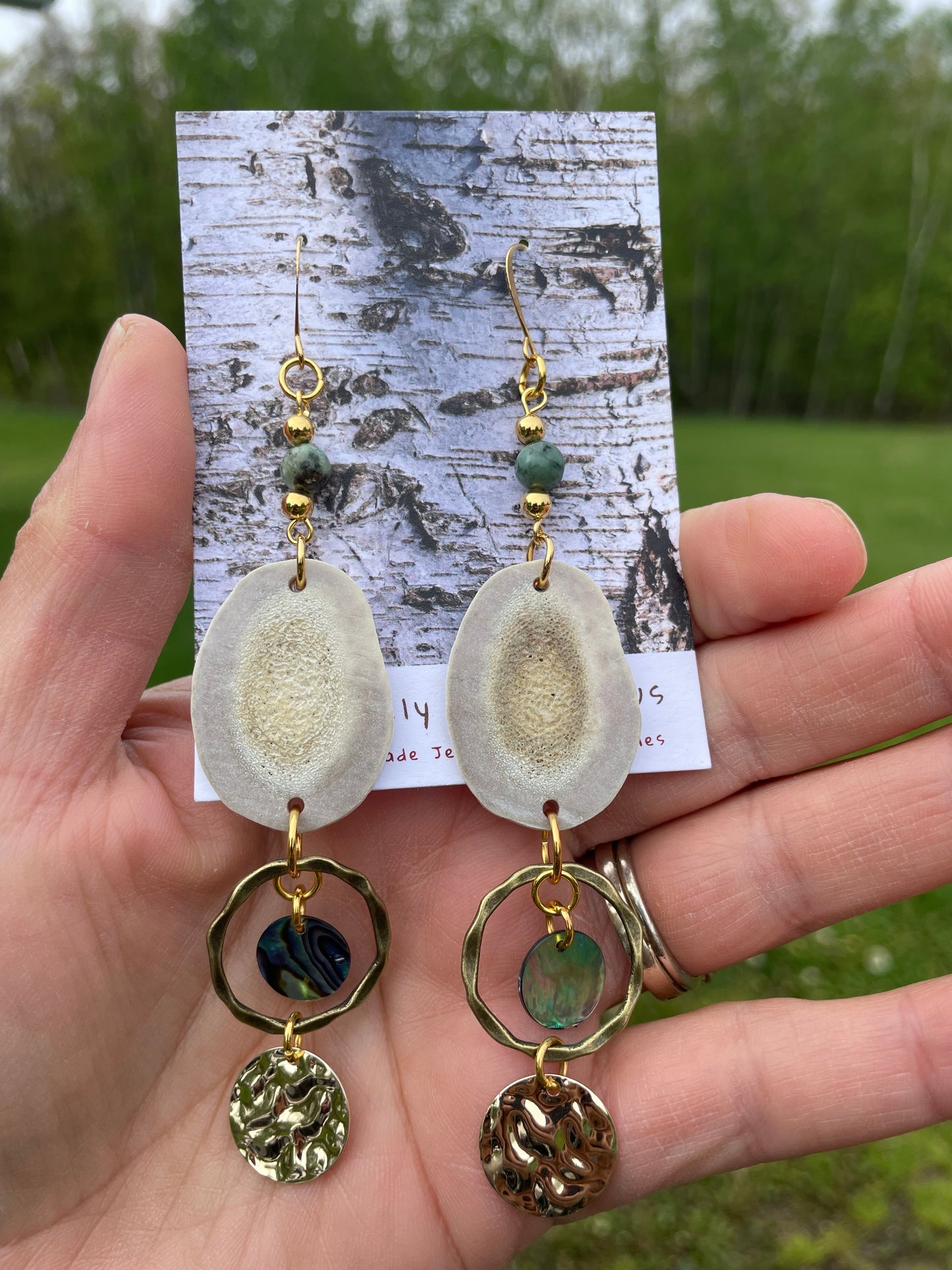 Waawaashkeshi Deer Antler Earrings with Abalone