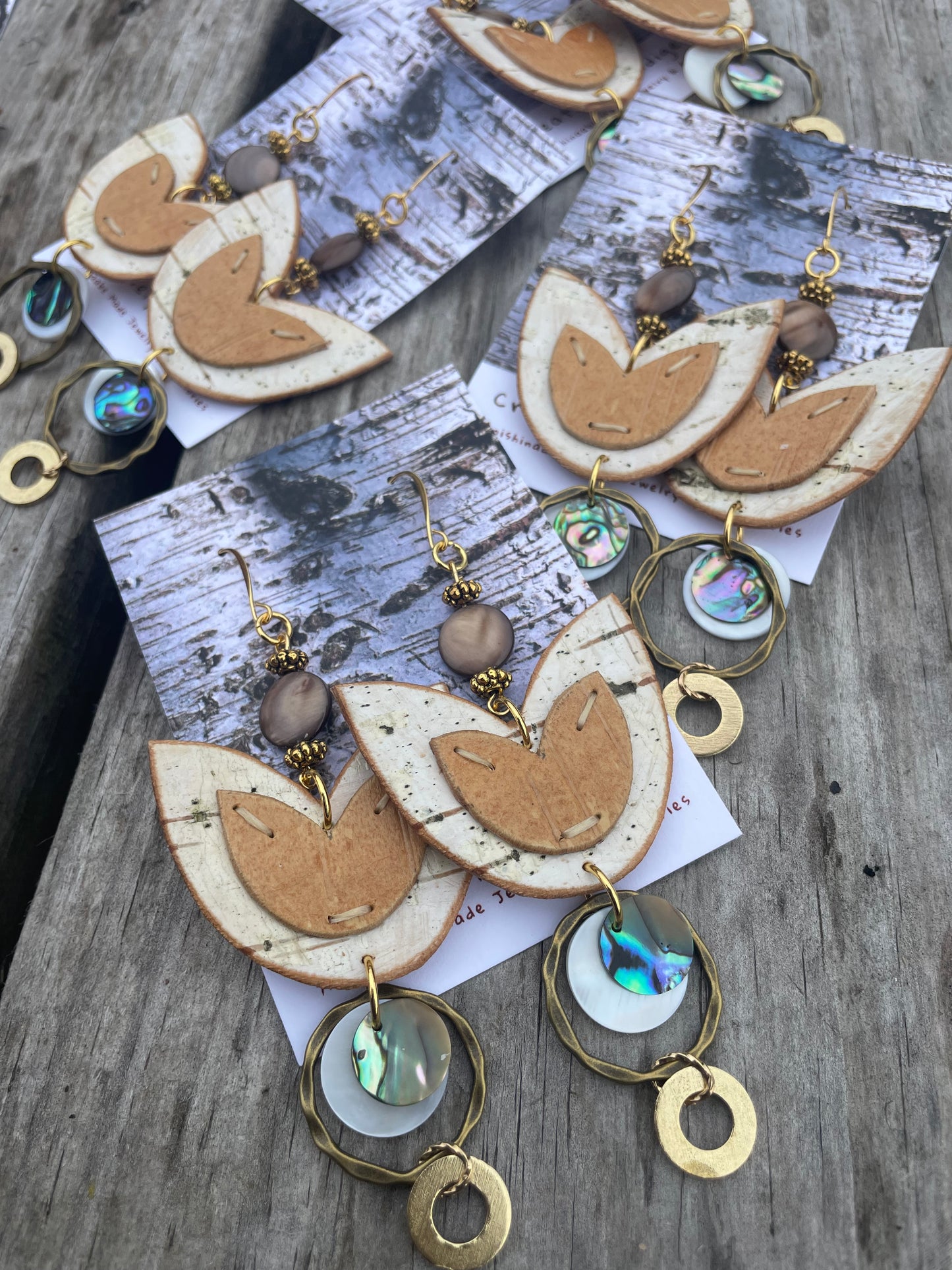 Birchbark Layered Floral Earrings with Mother of Pearl