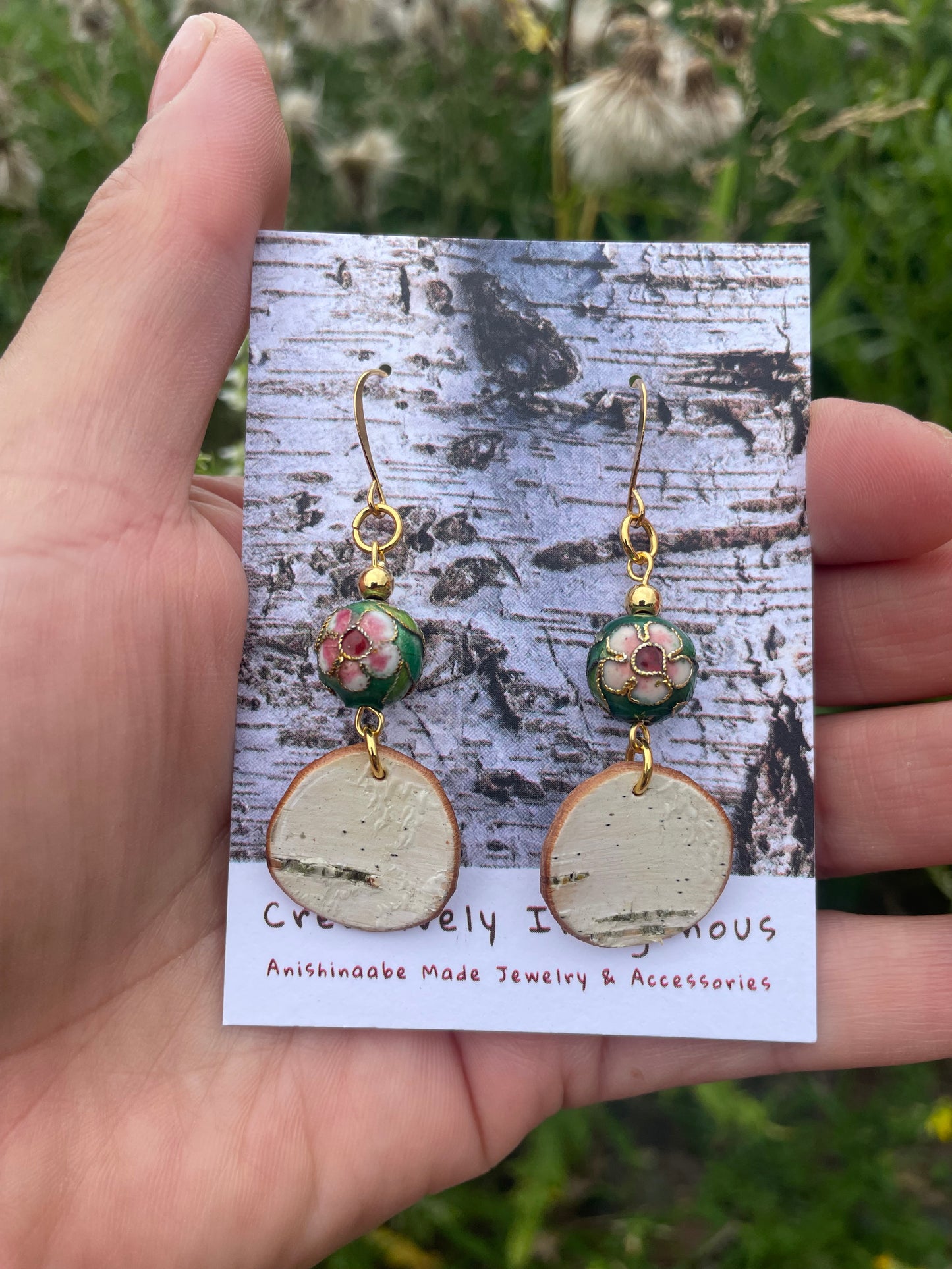 Birchbark Earrings with Cloisonné