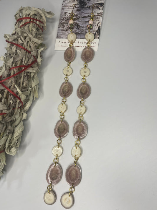 10 inch Waawaashkeshi-Bimikawaan Earrings with Pink Conch Shell