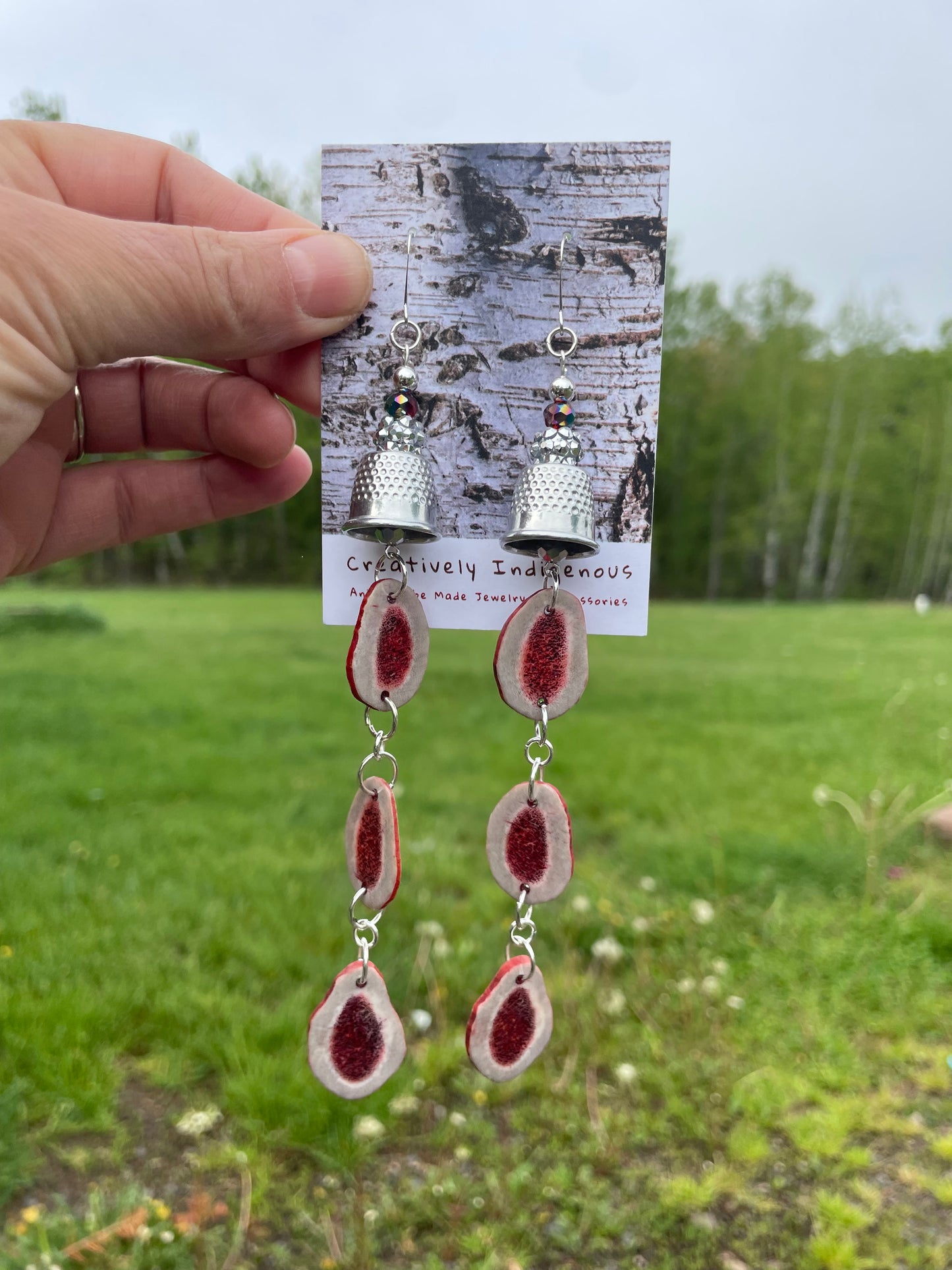 Waawaashkeshi Deer Antler Earrings with Grandmother Thimbles