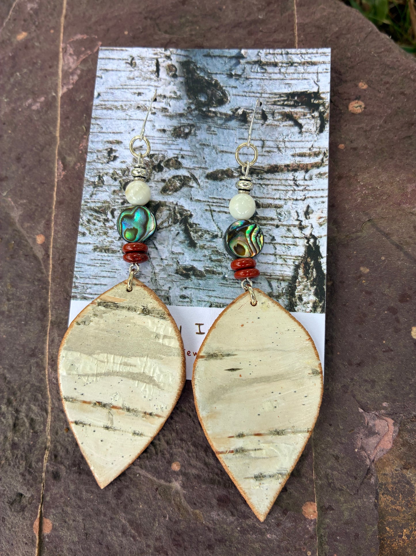 Birchbark Earrings with Abalone and Red Jasper