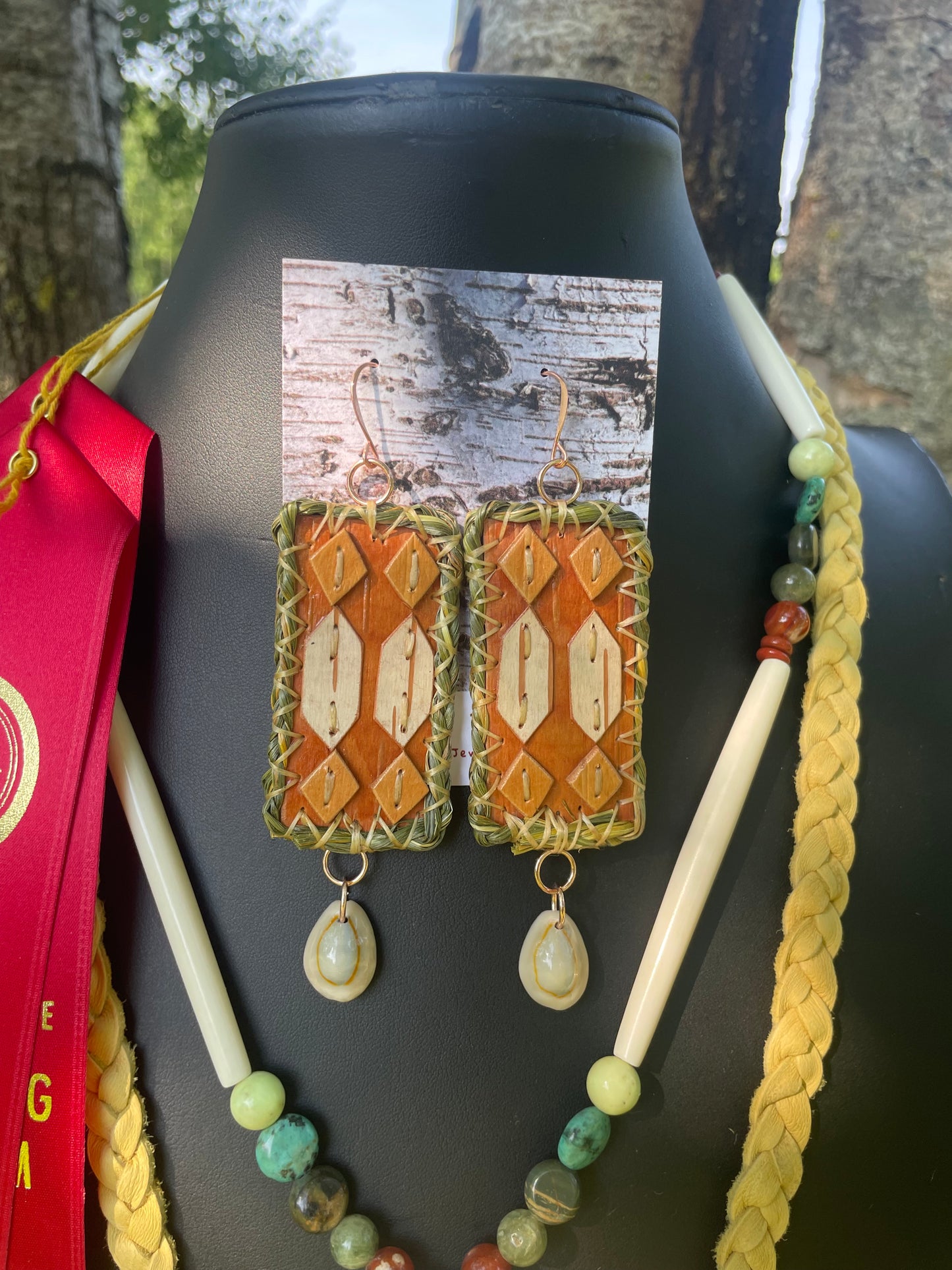 “Manoomin in the Storm” Wild Rice and Sweet Grass Birchbark Medallion and Otter Tracks Earrings