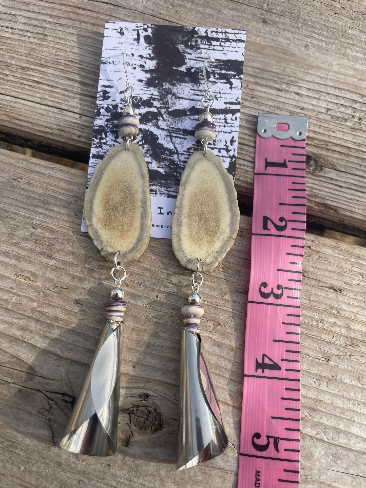 Waawaashkeshi Deer Antler Earrings with Wampum and Jingles