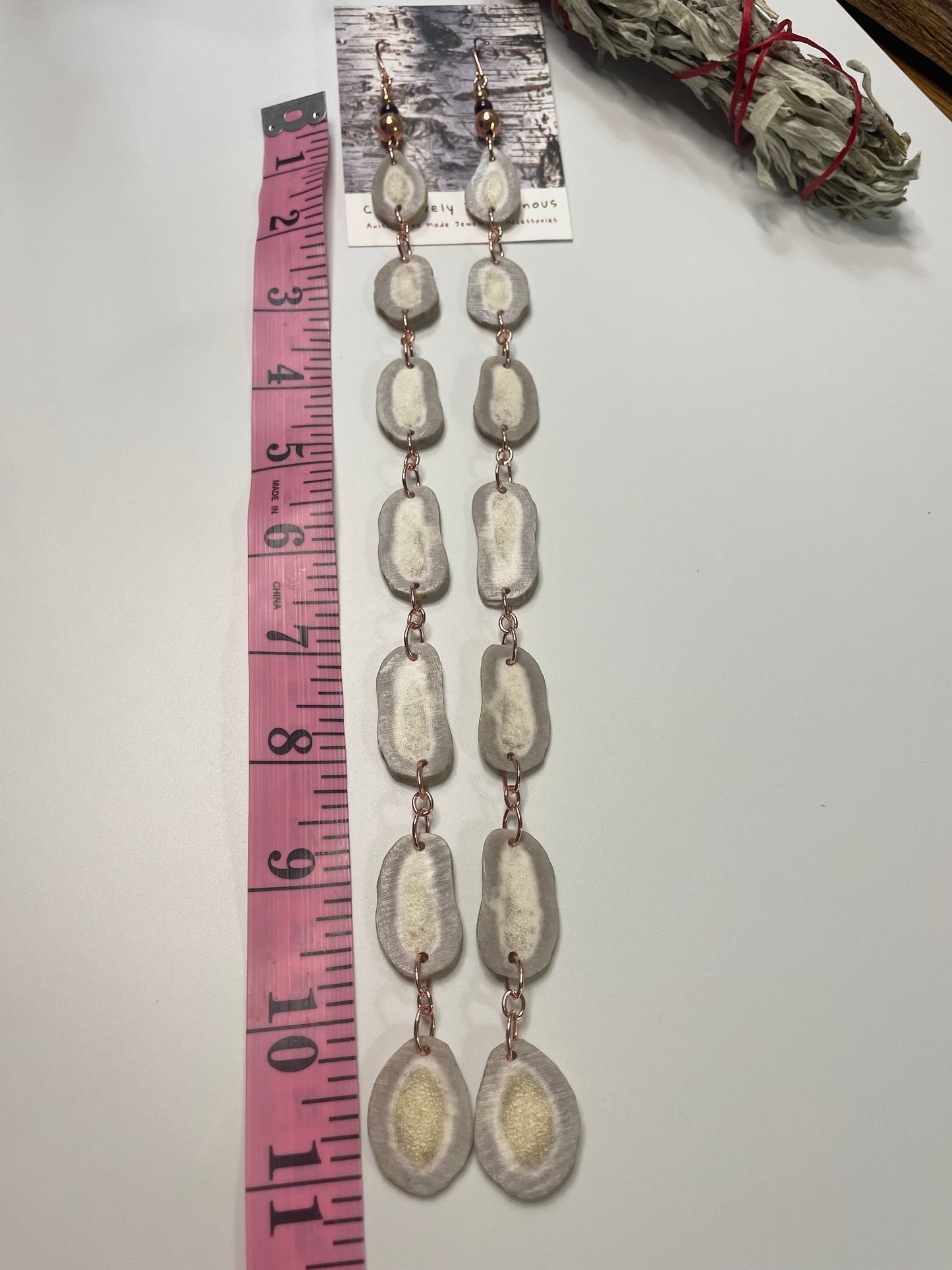 11 inch Waawaashkeshi-Bimikawaan Earrings with Copper and Garnet