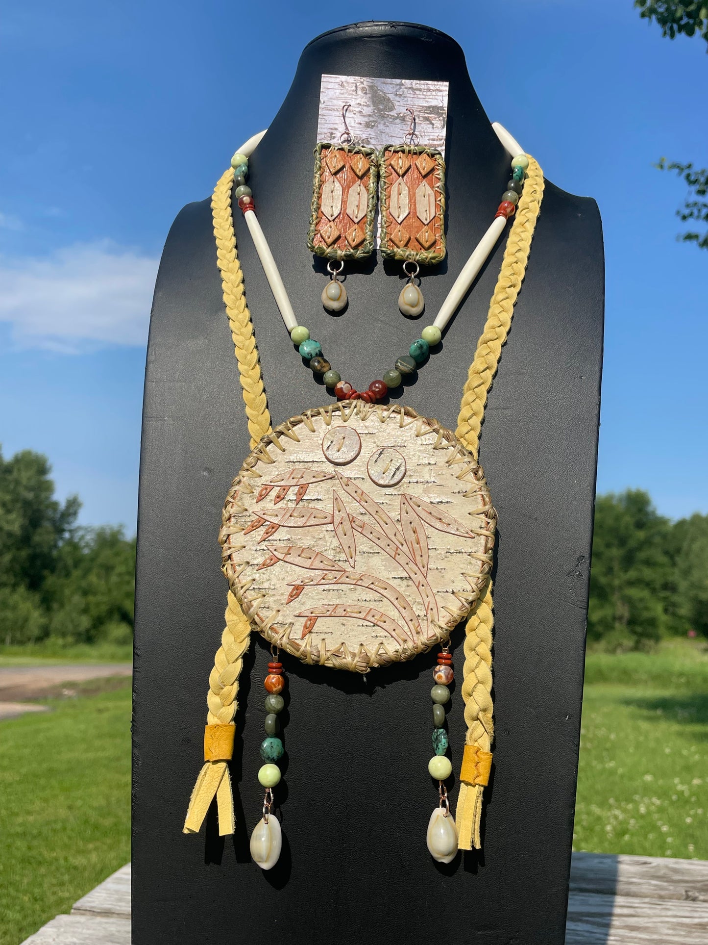 “Manoomin in the Storm” Wild Rice and Sweet Grass Birchbark Medallion and Otter Tracks Earrings