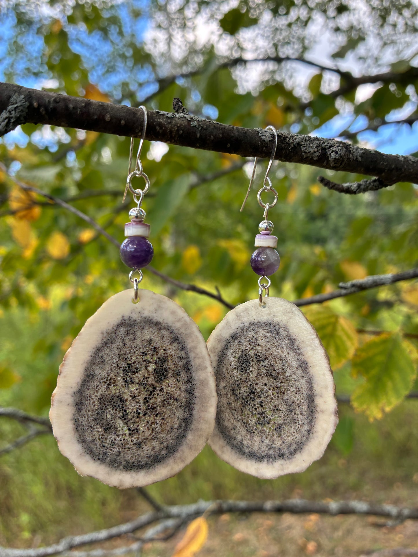Omashkooz Elk Antler Earrings with Wampum and Amethyst