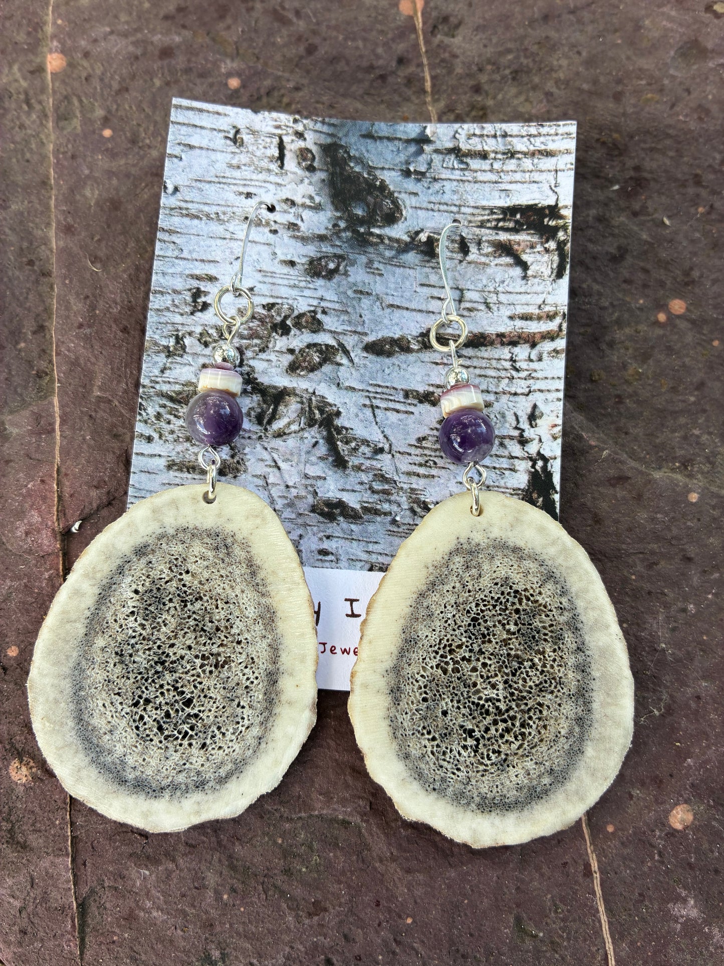 Omashkooz Elk Antler Earrings with Wampum and Amethyst