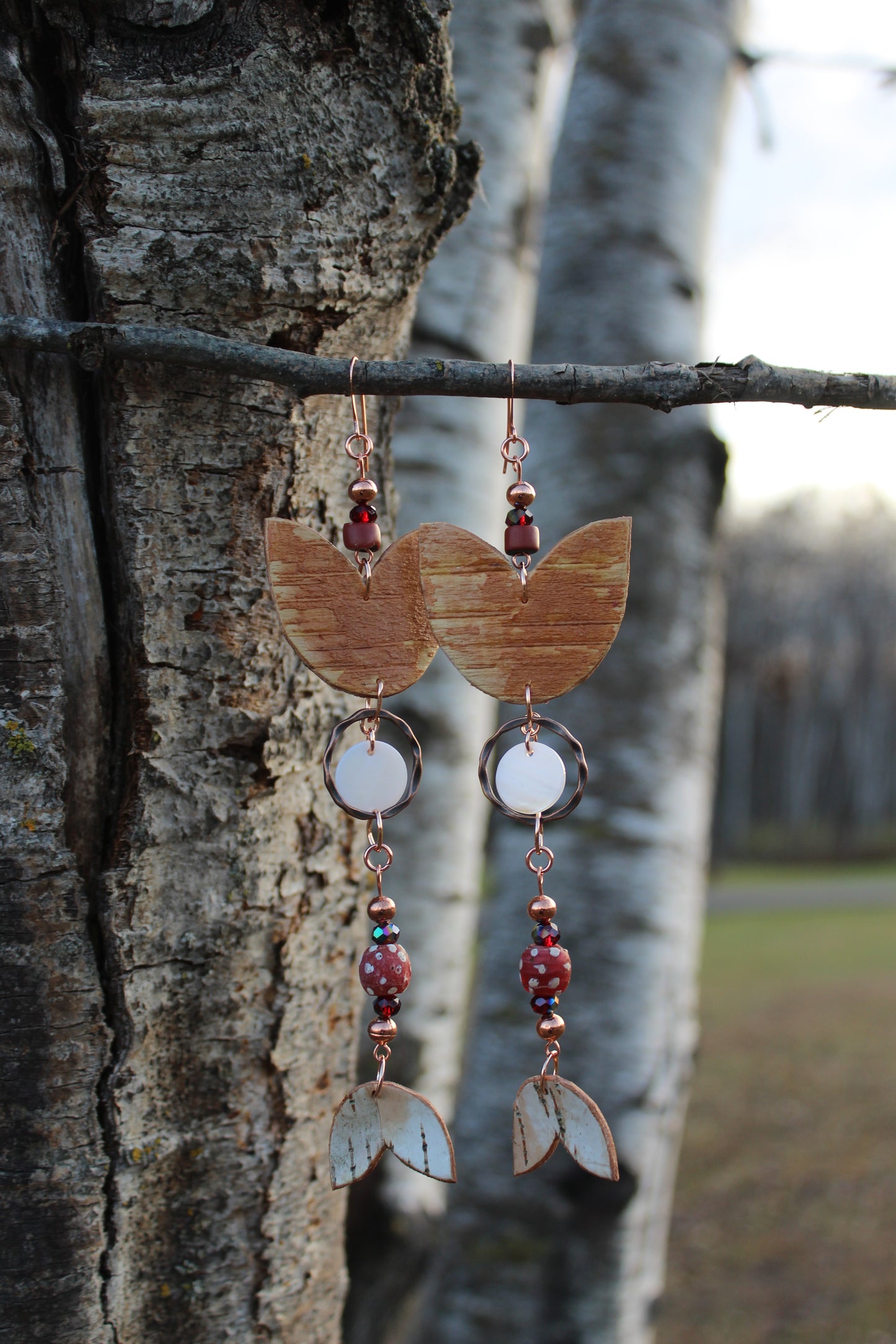 Antique Red Skunk and Green Heart Trade Beads with Shell and Birchbark Earrings