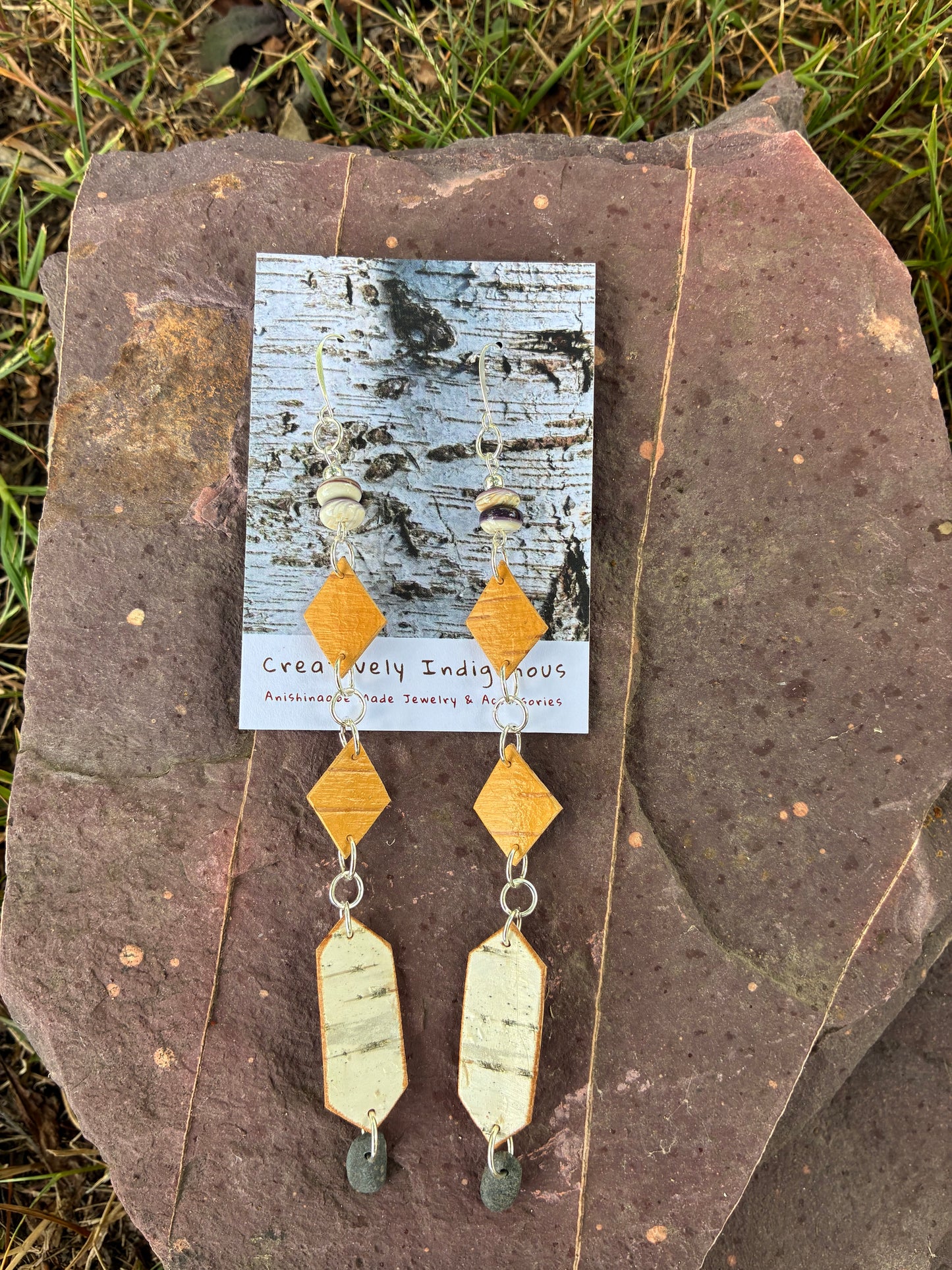 Nigig Otter Track Birchbark Earrings with Wampum and Basalt