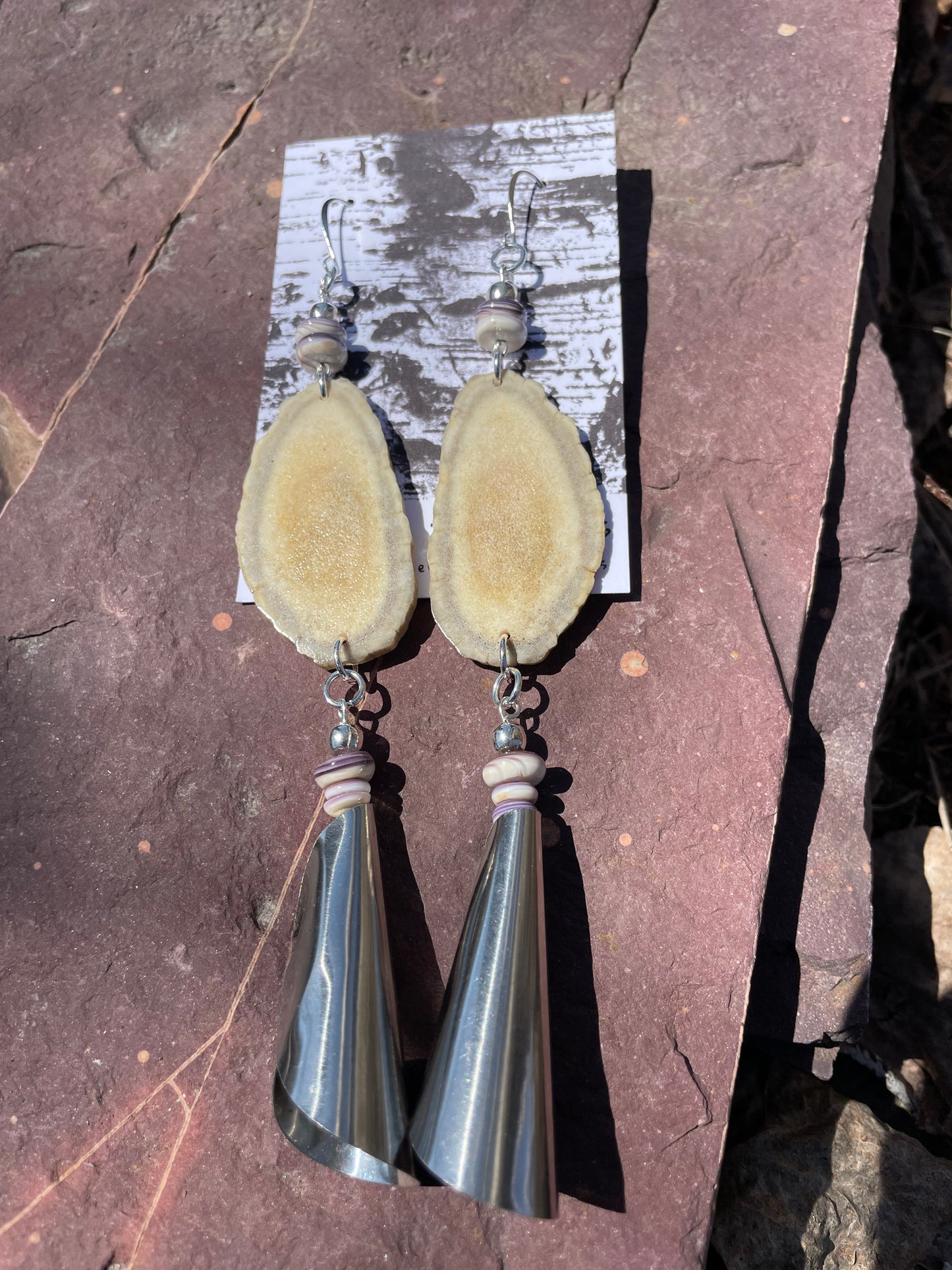 Waawaashkeshi Deer Antler Earrings with Wampum and Jingles