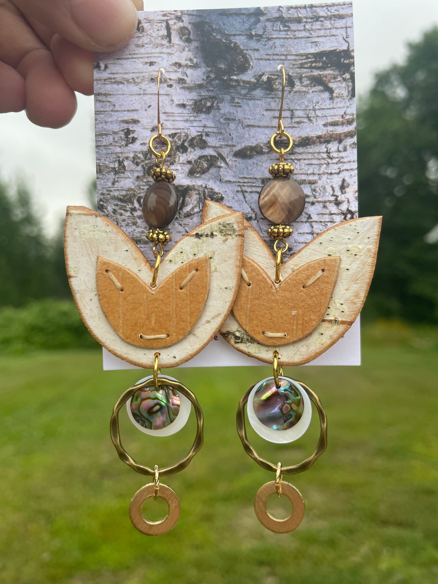 Birchbark Layered Floral Earrings with Mother of Pearl