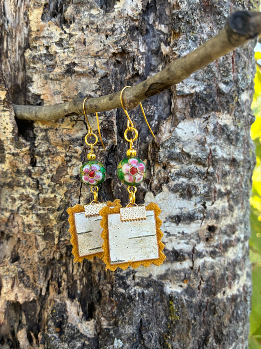 Birchbark Earrings with Buckskin and Cloisonné