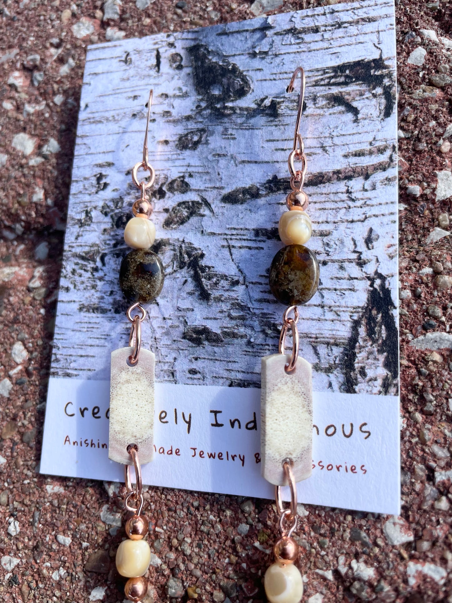 Waawaashkeshi Deer Antler Earrings with Green Garnet and Mother of Pearl
