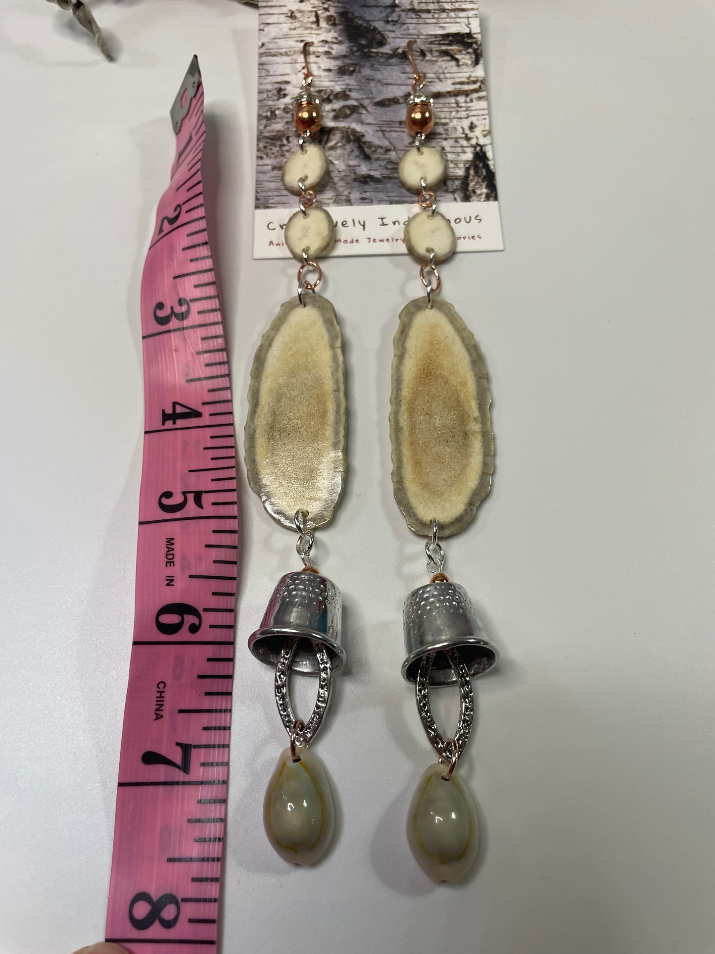 Waawaashkeshi Deer Antler Earrings with Grandmother Thimbles