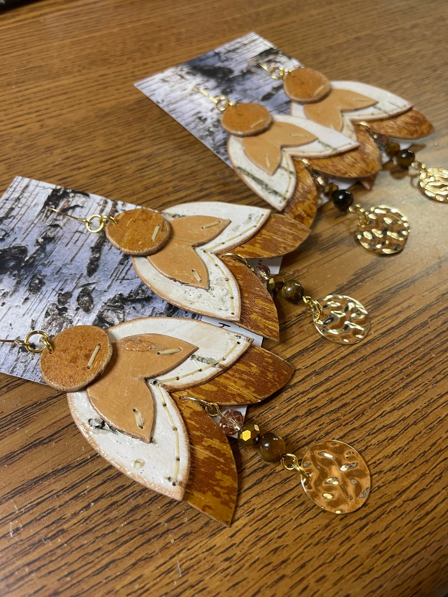 Appliqué Floral Birchbark Earrings with Tiger’s Eye