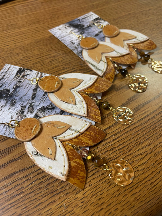 Appliqué Floral Birchbark Earrings with Tiger’s Eye