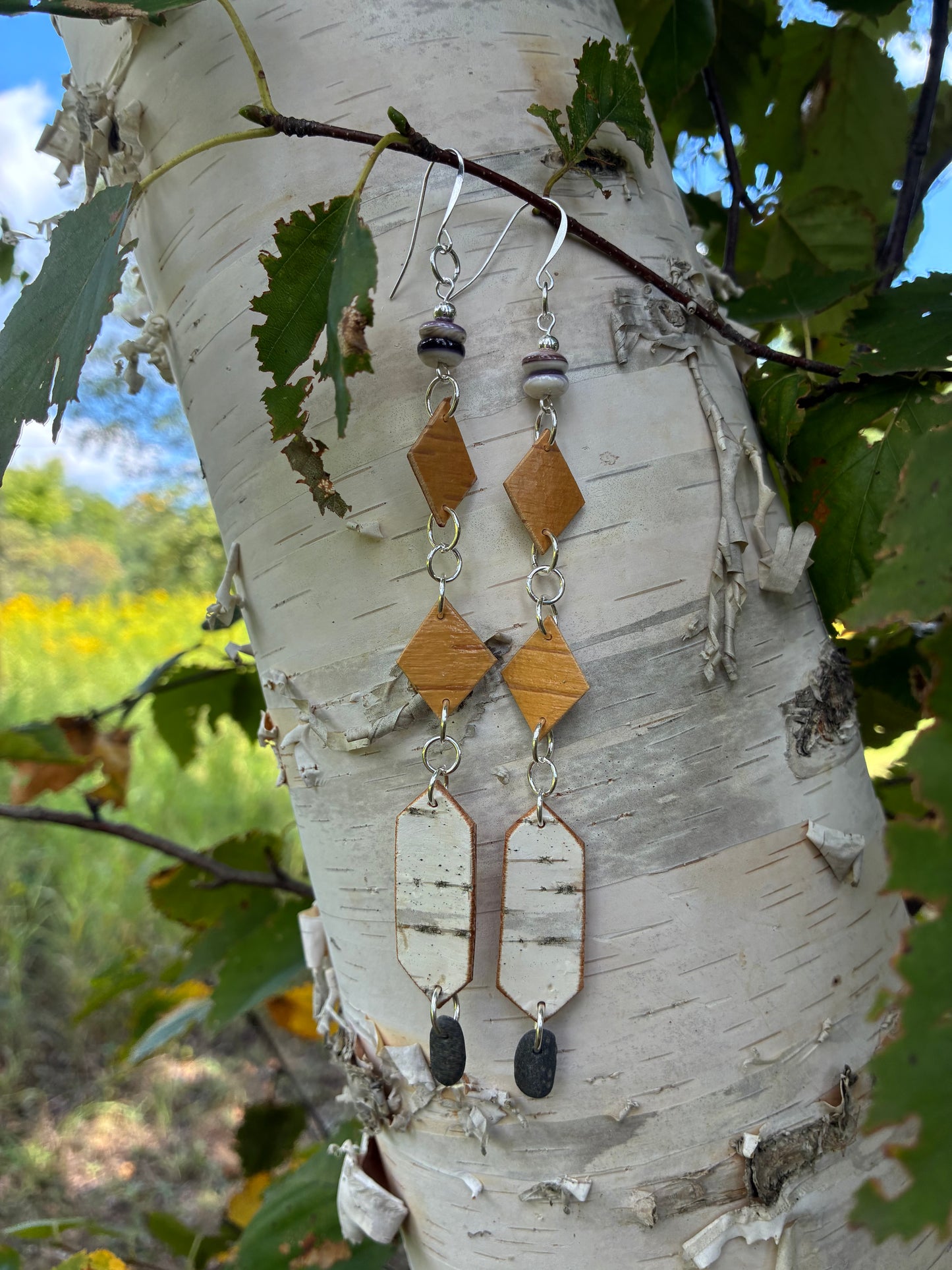 Nigig Otter Track Birchbark Earrings with Wampum and Basalt