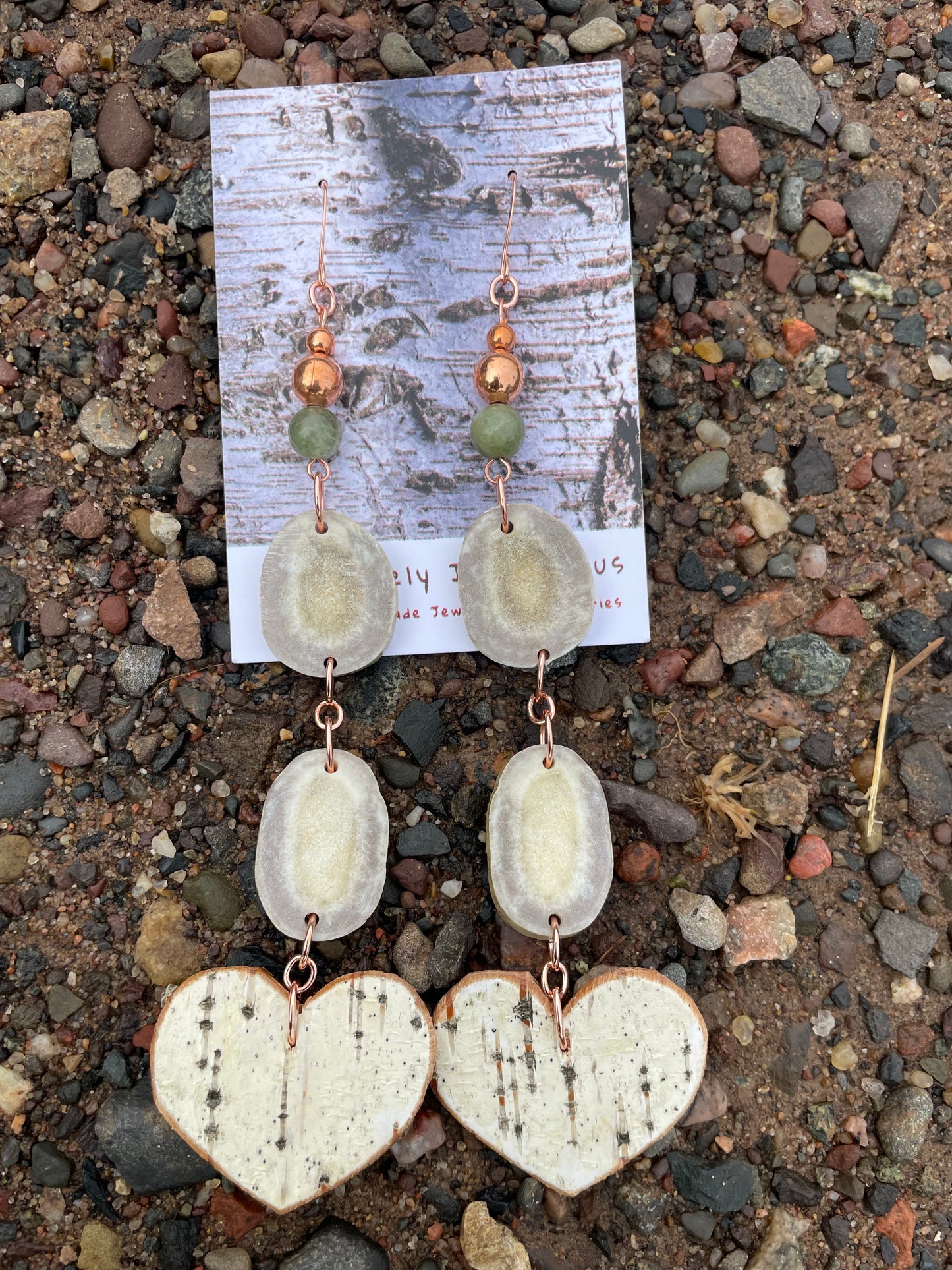Waawaashkeshi Deer Antler Earrings with Birchbark Hearts