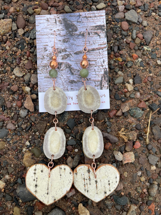 Waawaashkeshi Deer Antler Earrings with Birchbark Hearts