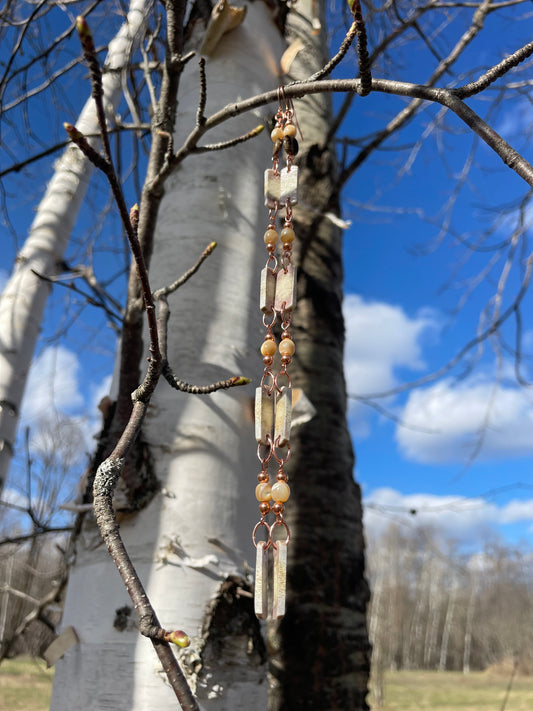 Waawaashkeshi Deer Antler Earrings with Green Garnet and Mother of Pearl