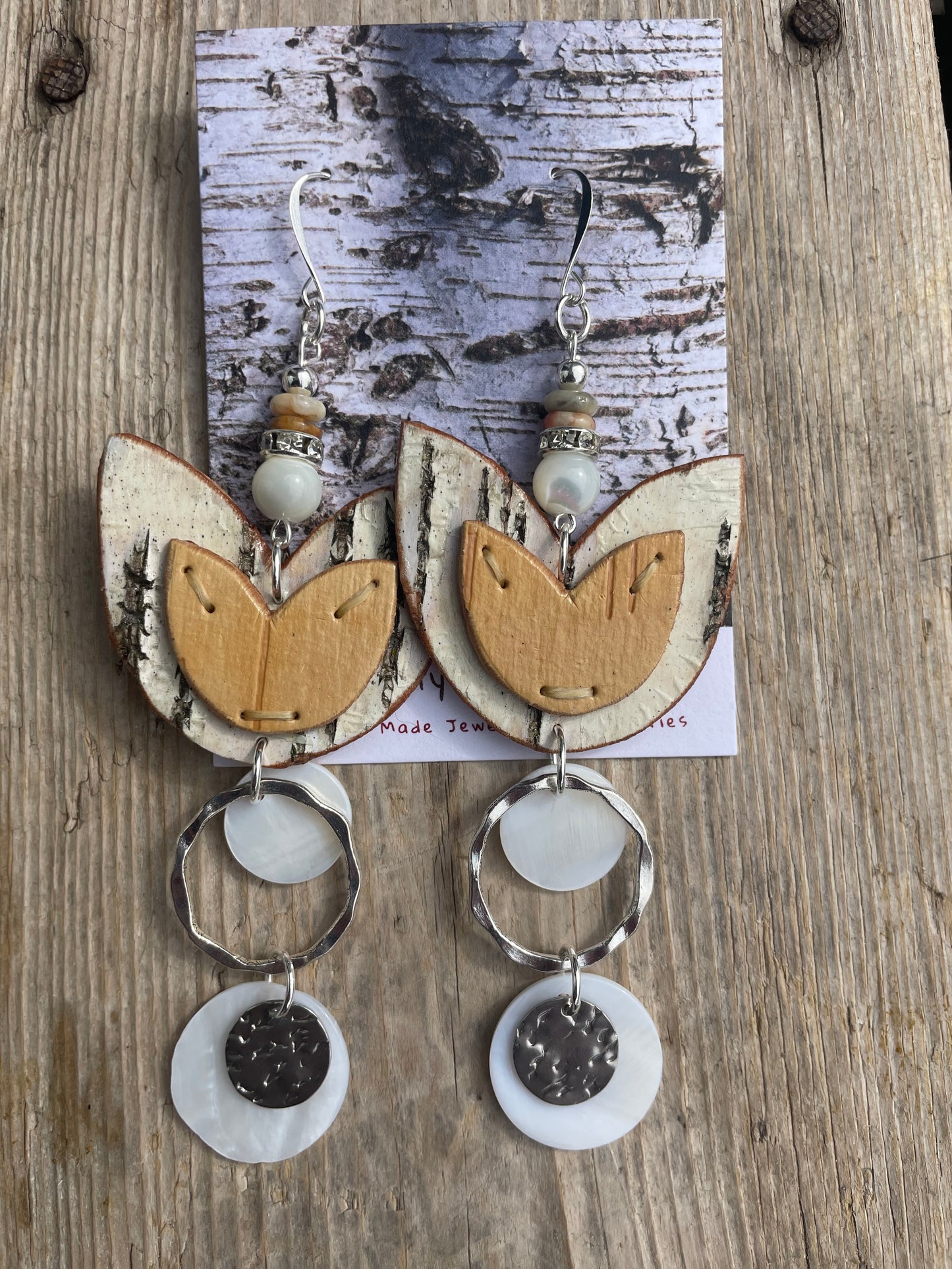 Birchbark Layered Floral Earrings with Mother of Pearl and Shell