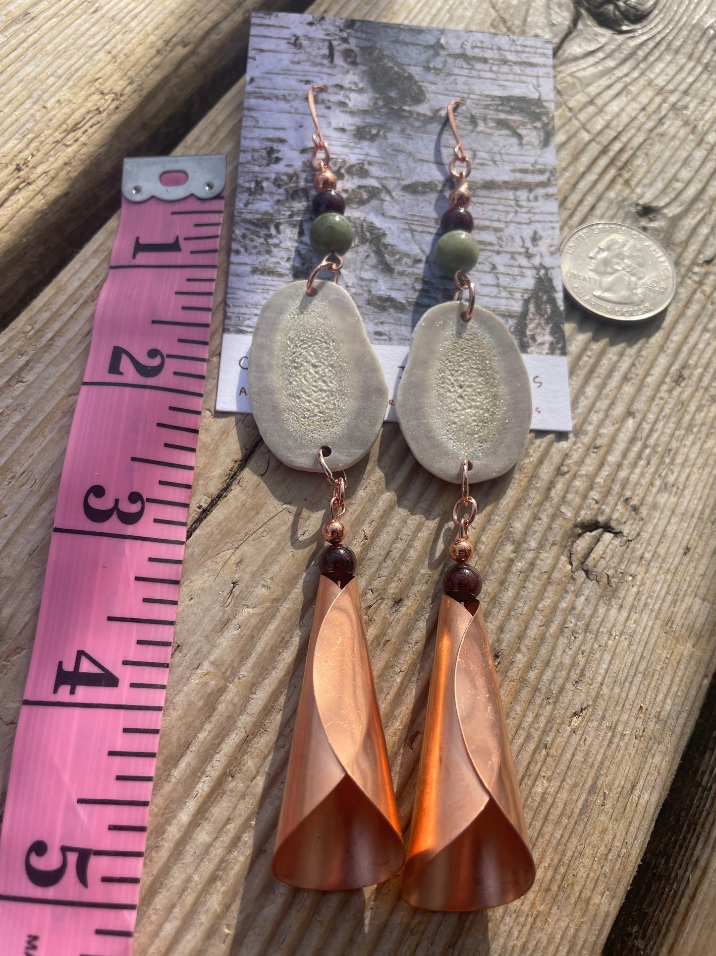 Waawaashkeshi Deer Antler Earrings with Kyanite, Garnet, and Copper Jingles