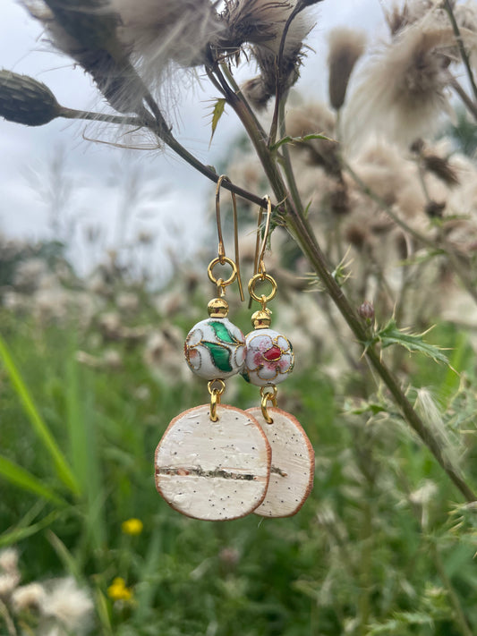 Birchbark Earrings with Cloisonné