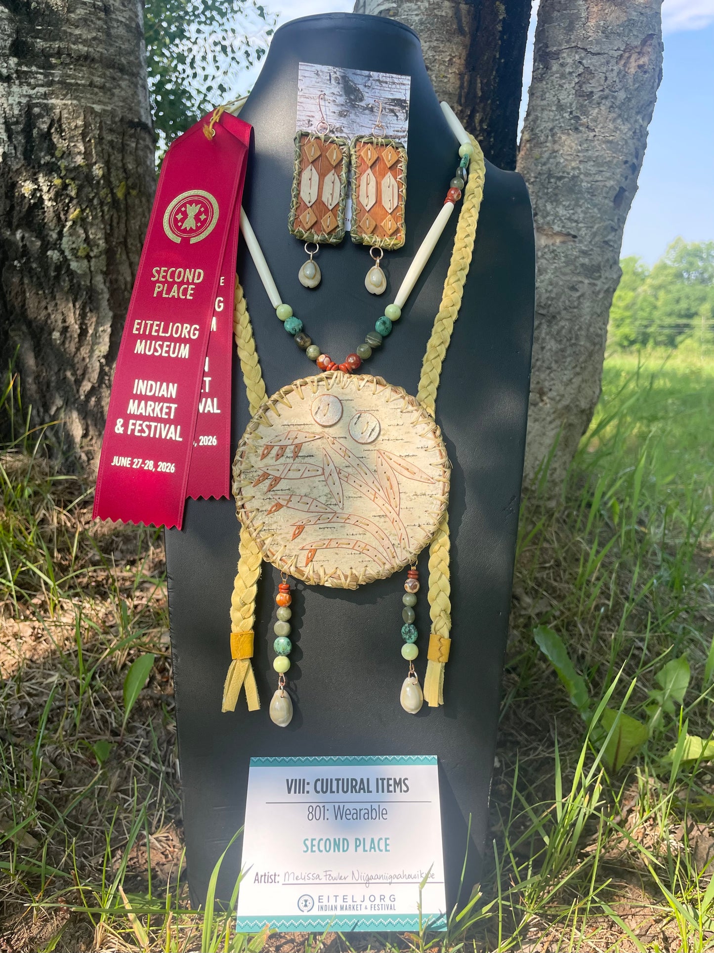 “Manoomin in the Storm” Wild Rice and Sweet Grass Birchbark Medallion and Otter Tracks Earrings