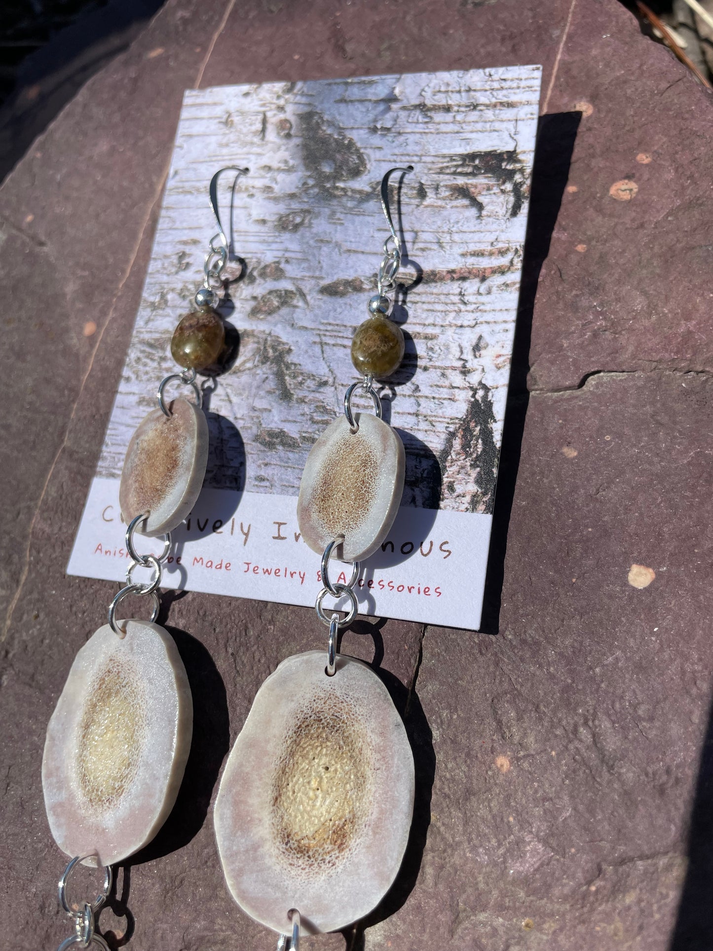 9.75 inch Waawaashkeshi Deer Antler Earrings with Green Garnet
