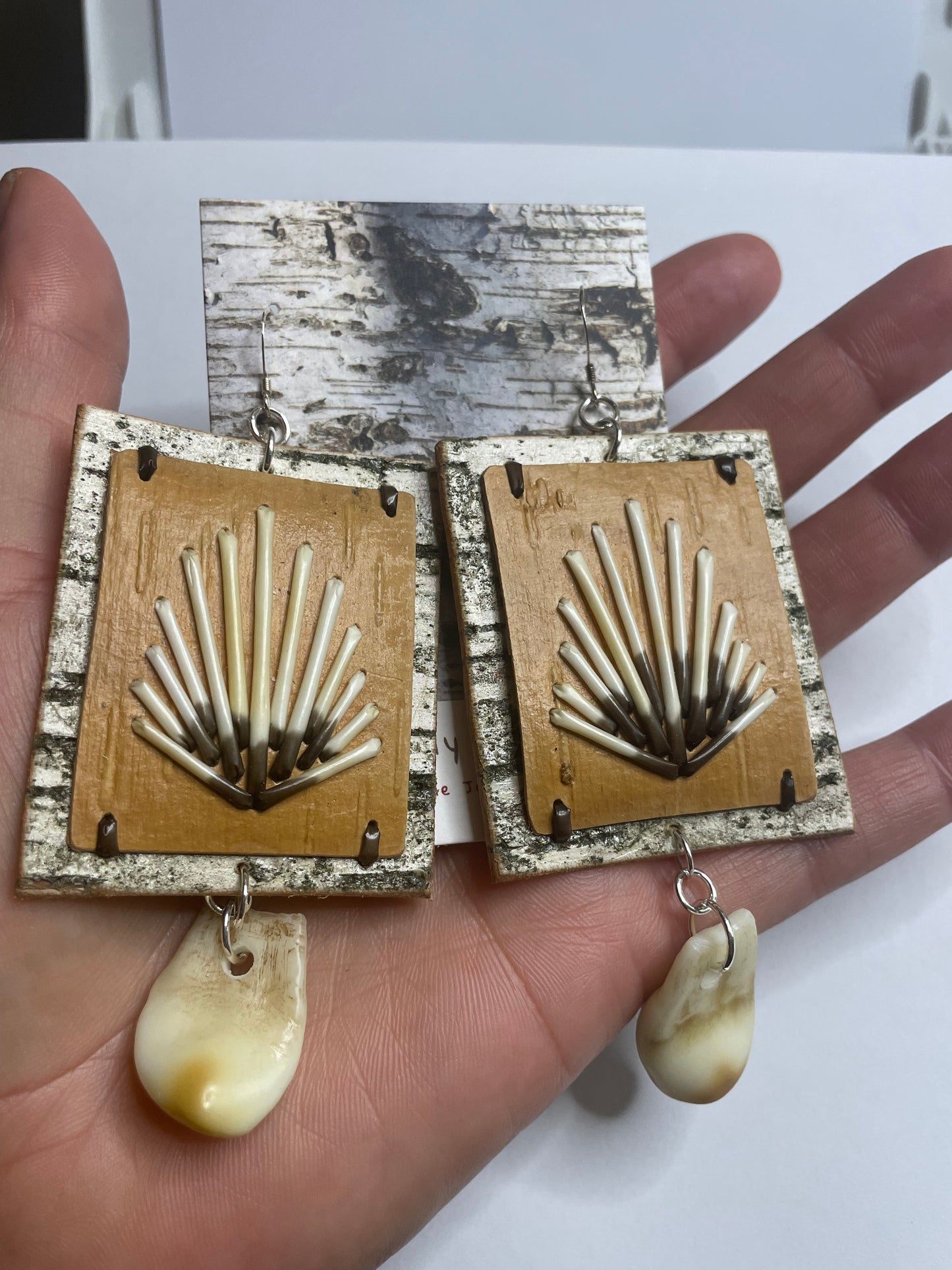 Shooting Star and Elk Ivory Replica Birchbark and Porcupine Quill Earrings
