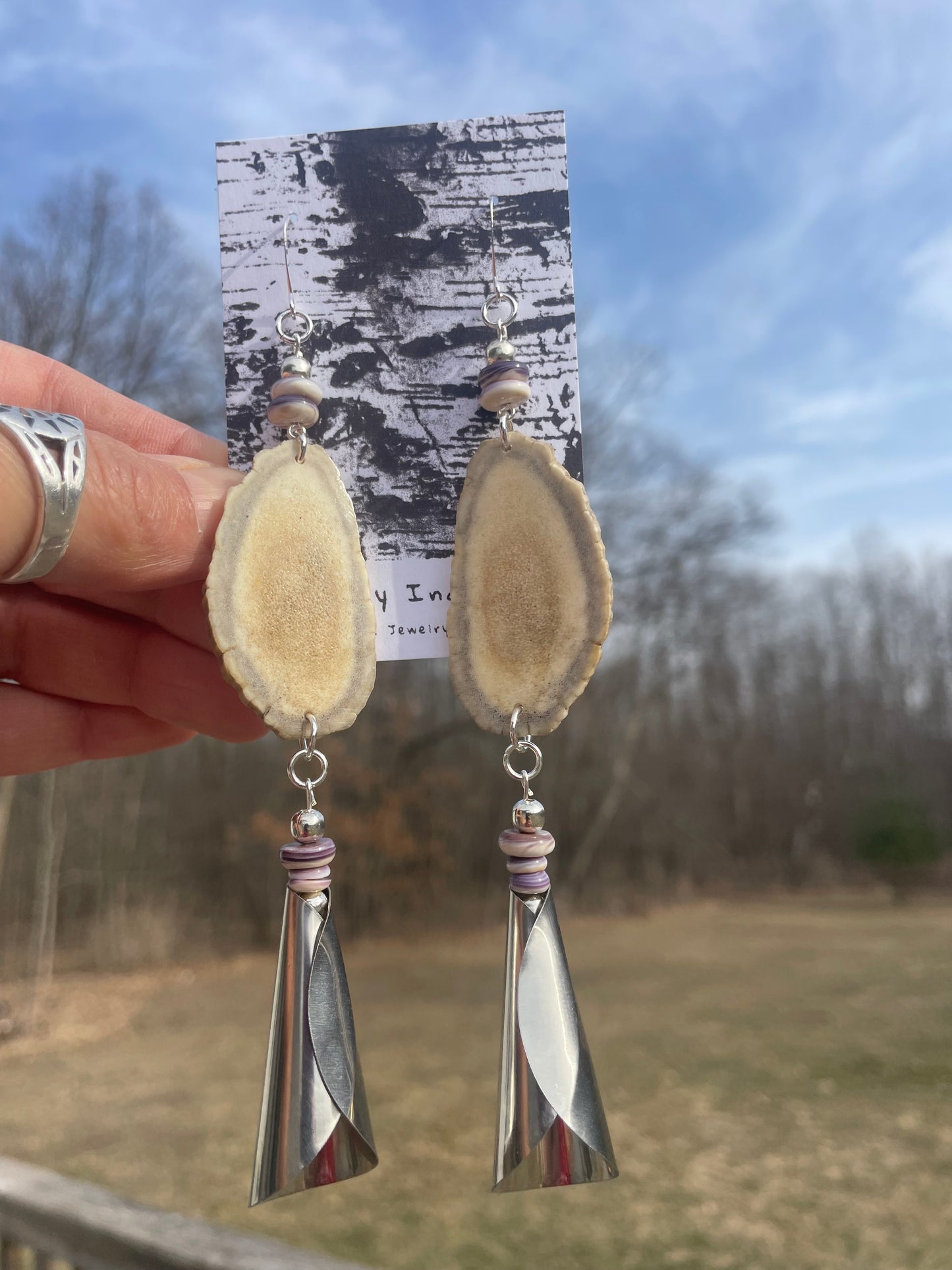 Waawaashkeshi Deer Antler Earrings with Wampum and Jingles