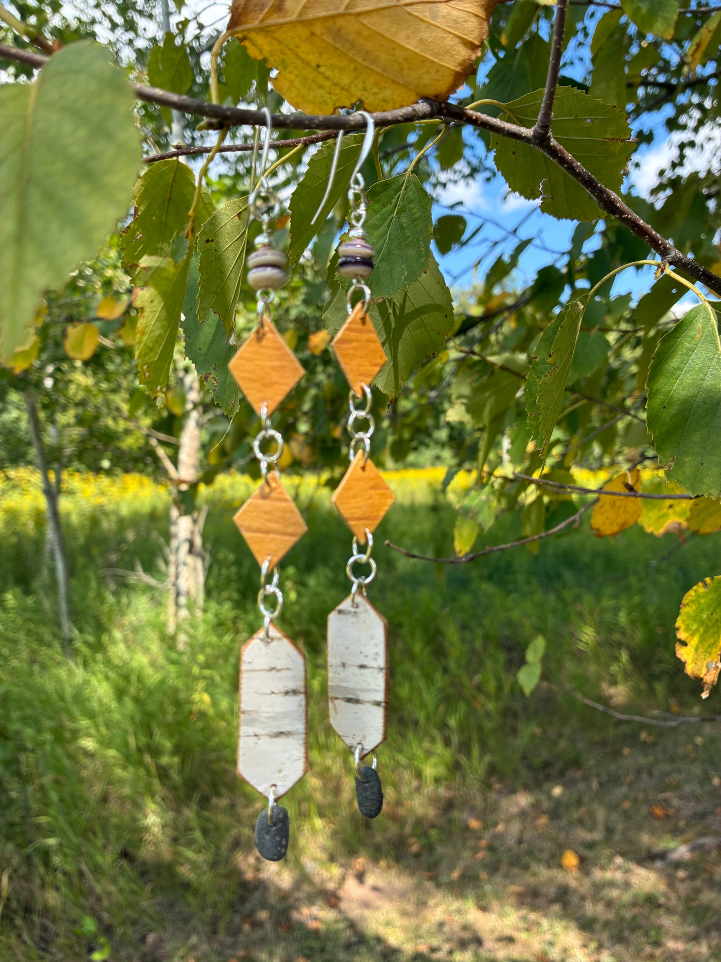 Nigig Otter Track Birchbark Earrings with Wampum and Basalt