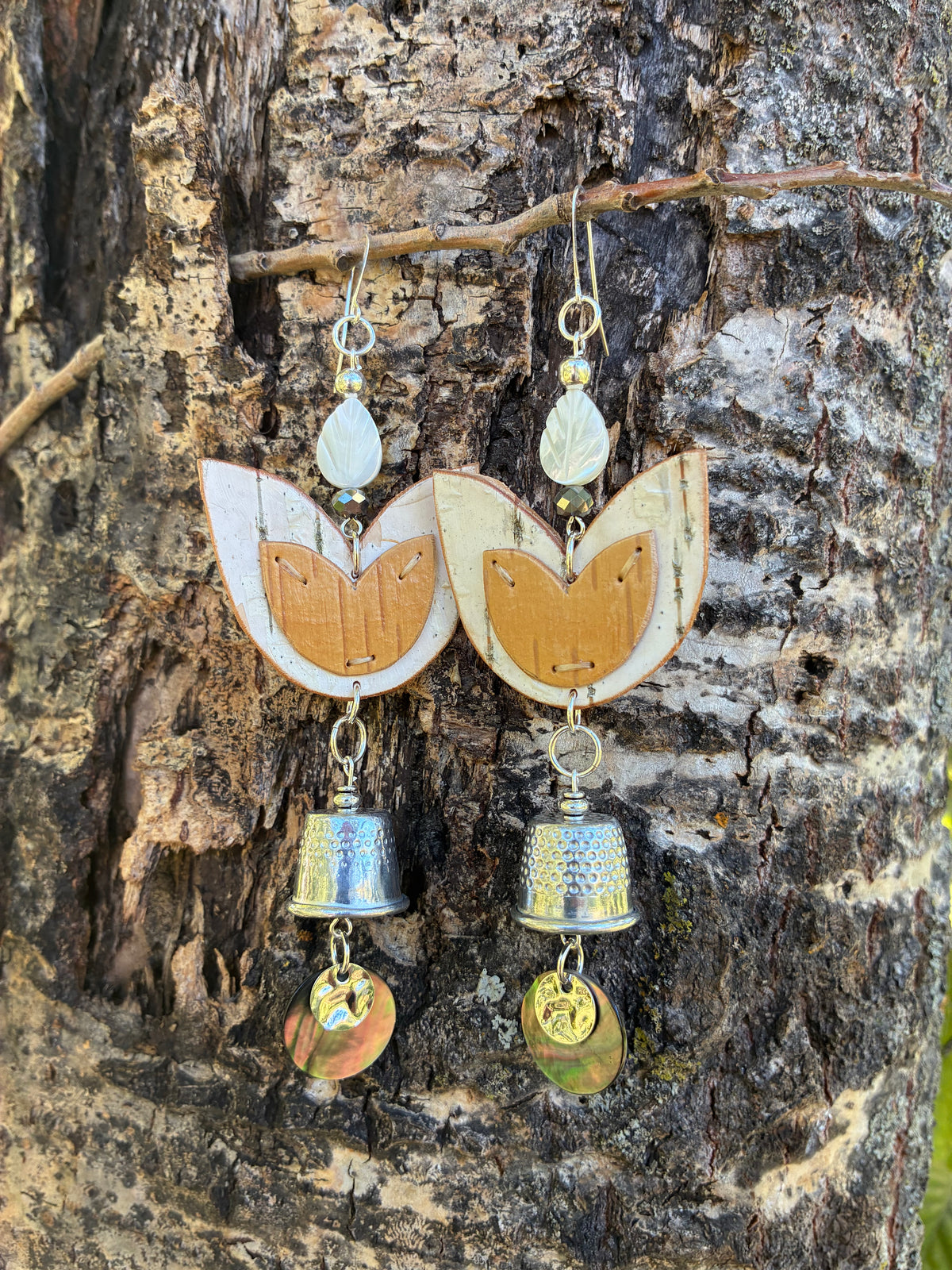 Appliqué Birchbark Floral Earrings with Grandmother Thimbles and White Shell