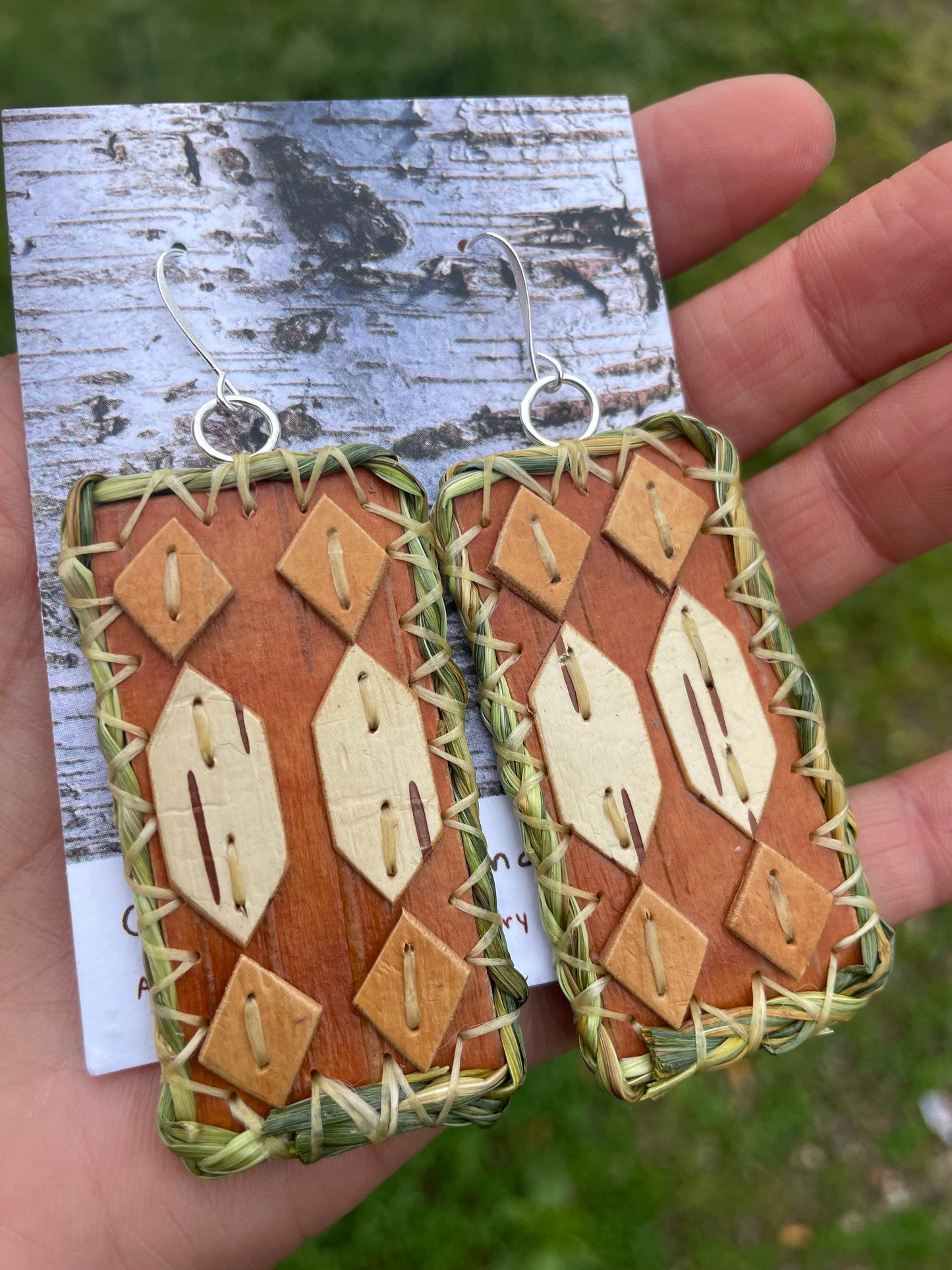 Otter Tracks Birchbark and Braided Sweet Grass Earrings